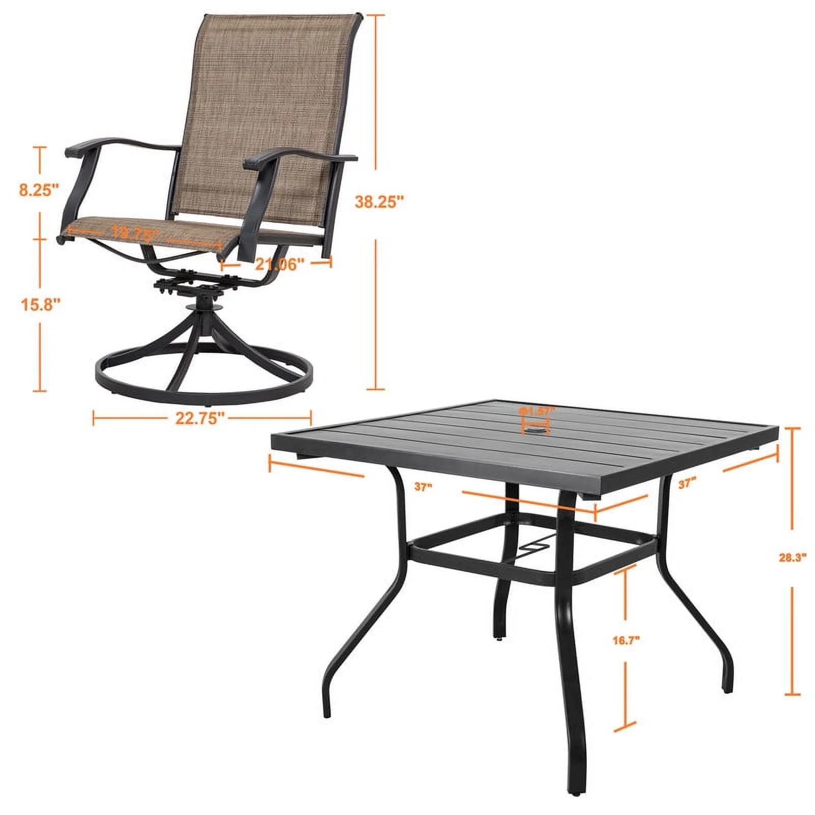 5 Piece Outdoor Patio Dining Set, Metal Patio Furniture Set 4 Textilene Swivel Chairs and 37" Square Iron Umbrella Dining Table,Black and Brown(4 Seats-37" Square Table) - Image 7