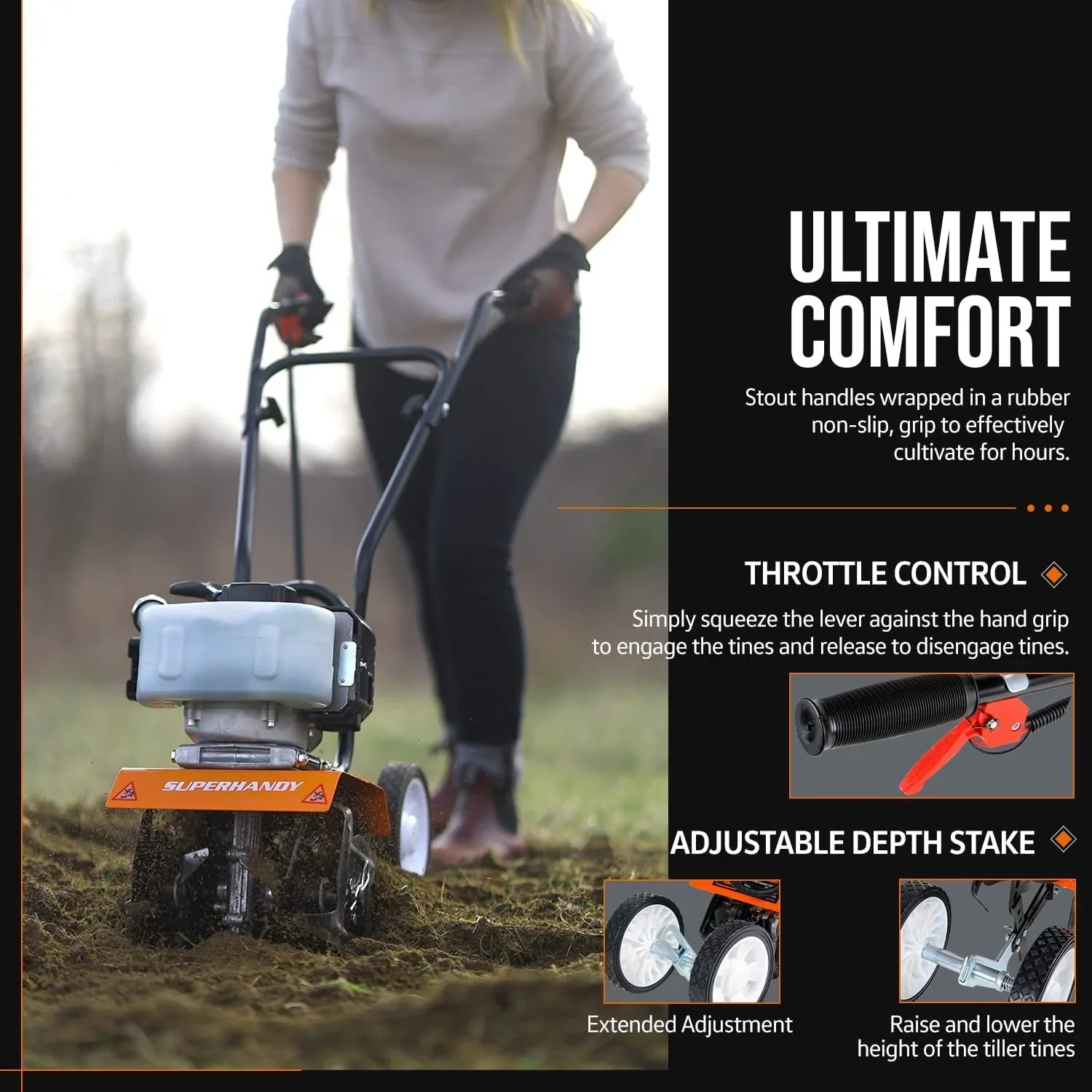 SuperHandy Mini Garden Tiller - 3HP Gas Engine, Adjustable Tines, 11 Tilling Width