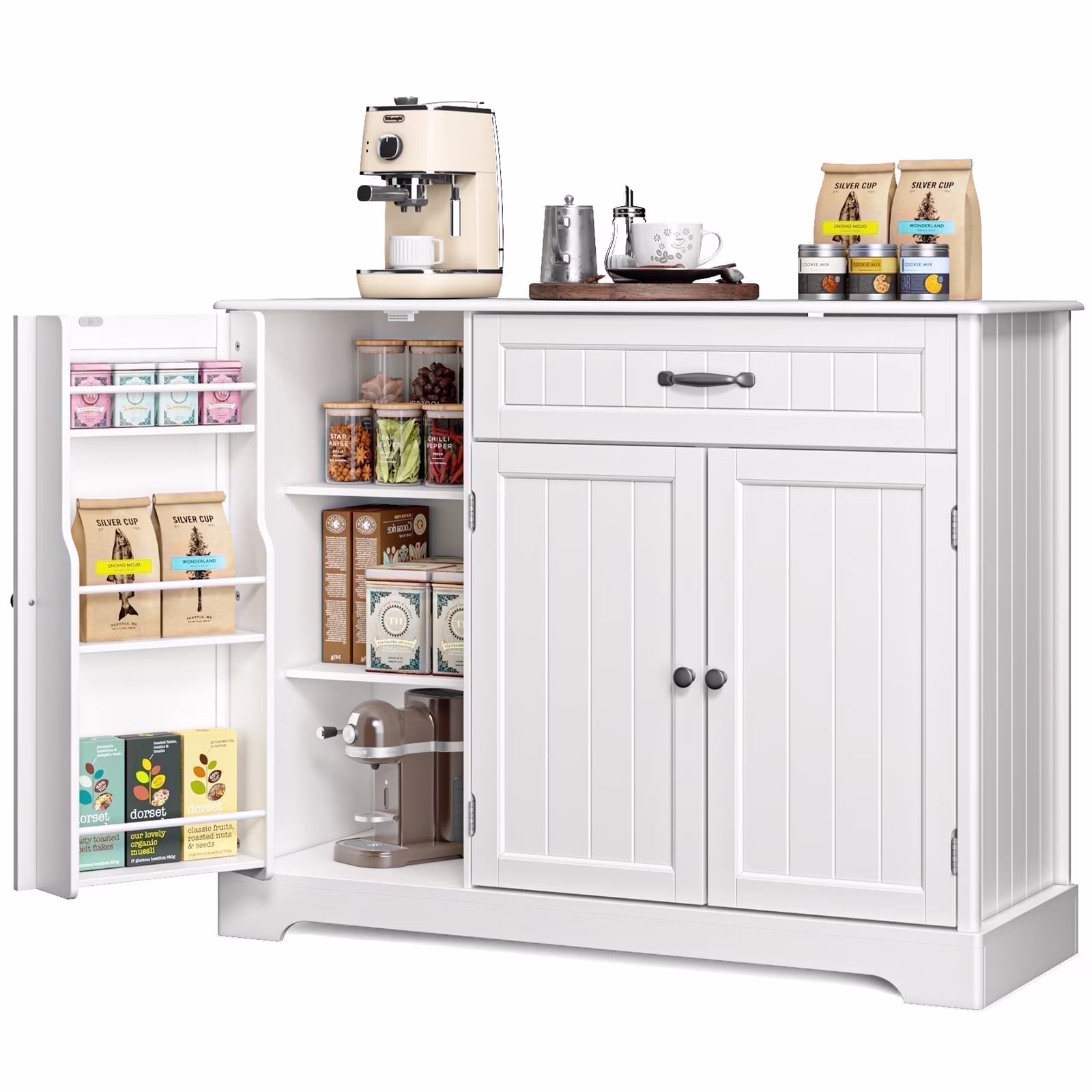 Coffee Bar, 42" Kitchen Storage Cabinet, Sideboard Buffet Cabinet with 8 Shelves, 1 Drawer(White)