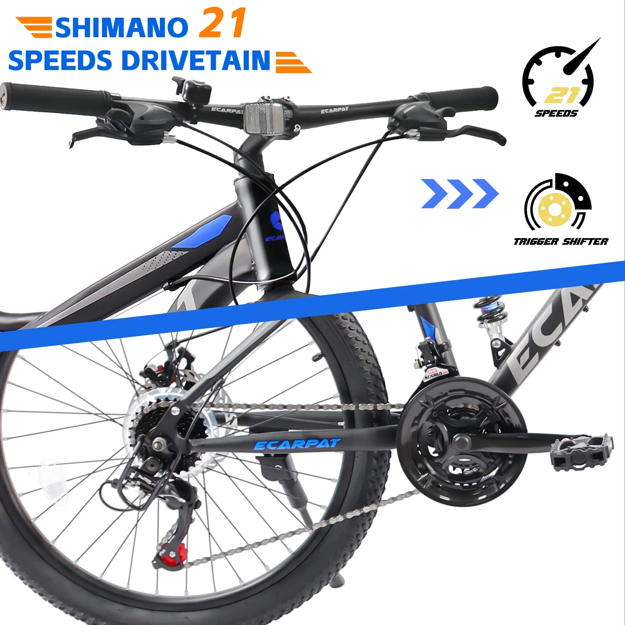 27.5 Inch Dual Full Suspension Mountain Bike, 21-Speed Mountain Bike with Dual Disc Brakes and Carbon Steel Frame, Trail Beach Snow Commuter City Bicycles for Adult Men Women, Black