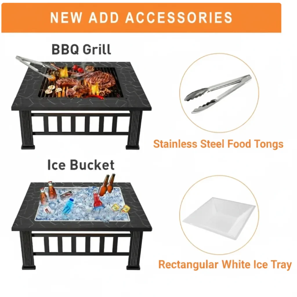 Fire Pits for Outside, UHOMEPRO 32 Square Iron Fire Pit Backyard Patio Garden Stove Wood Burning Fire Pit w/ BBQ Net, Waterprrof Cover, Mesh Screen Lid, Wood Grate, Poker, Durable Fire Pit