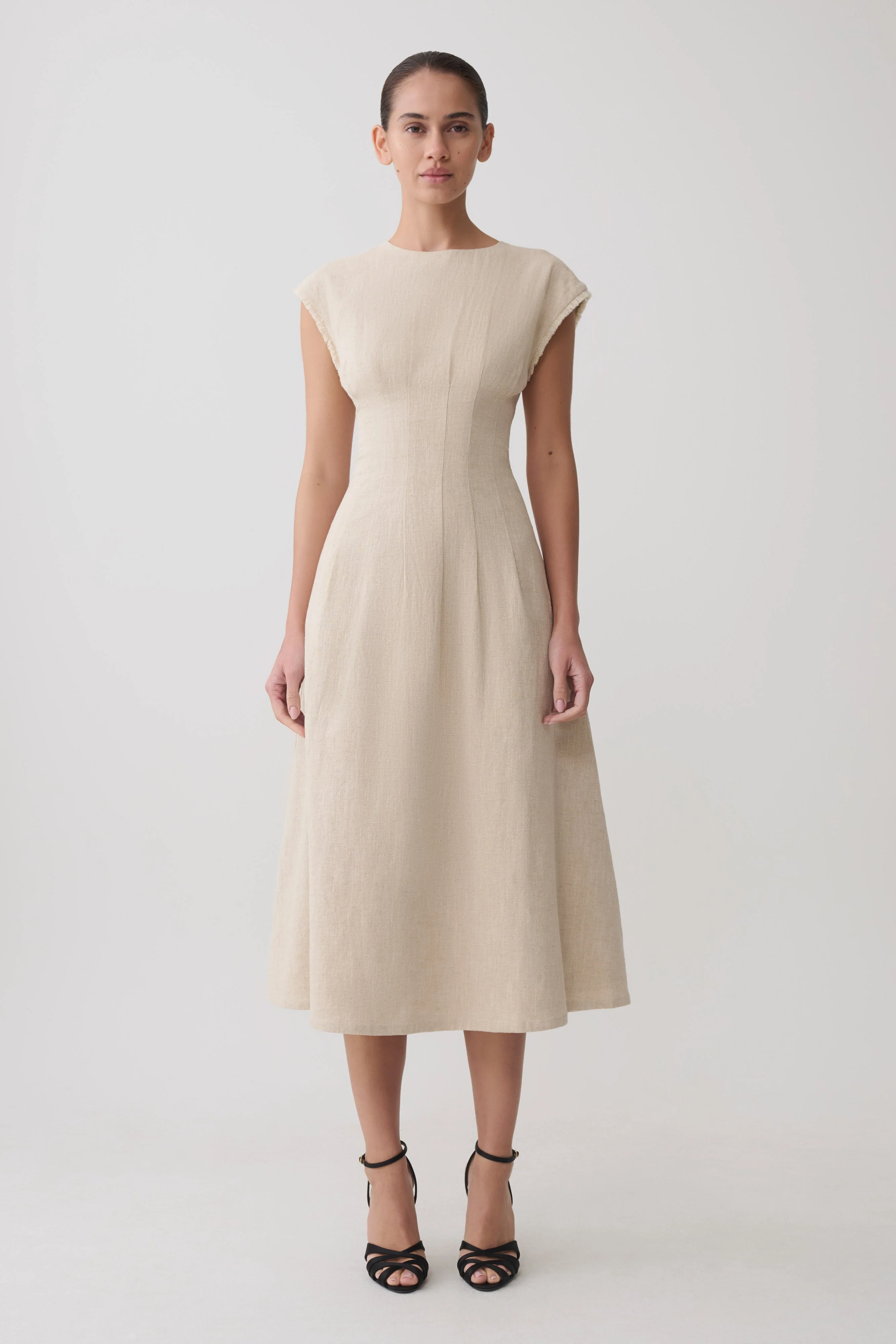 Zinia Linen Cap Sleeve Midi Dress - Natural