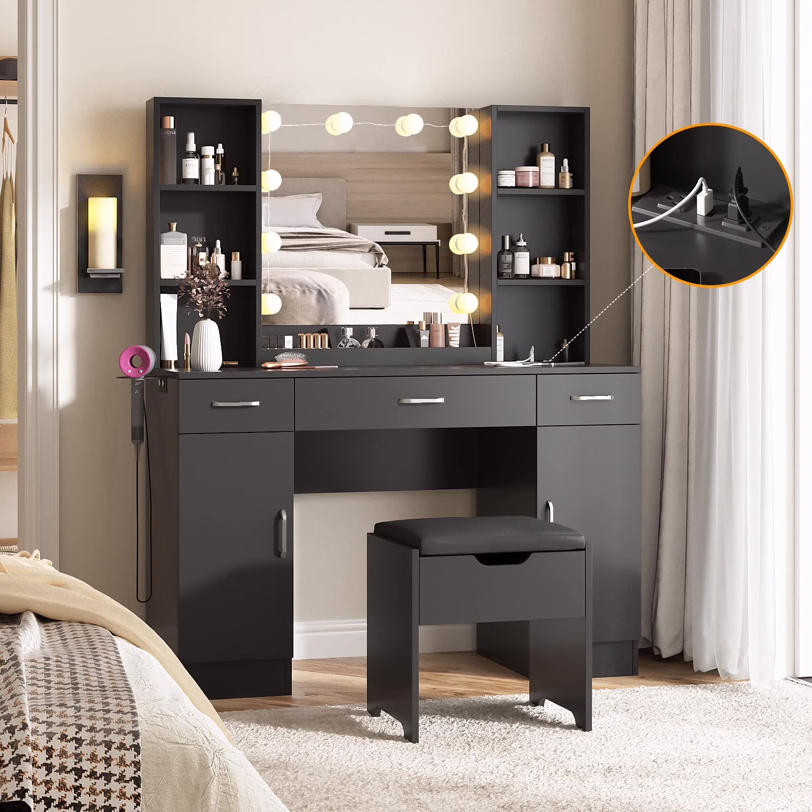 Large Makeup Vanity Set with Light Modern Makeup Vanity Table with Storage and Adjustable Lighting Colors for Bedroom 45.2in, White(White) - Image 7