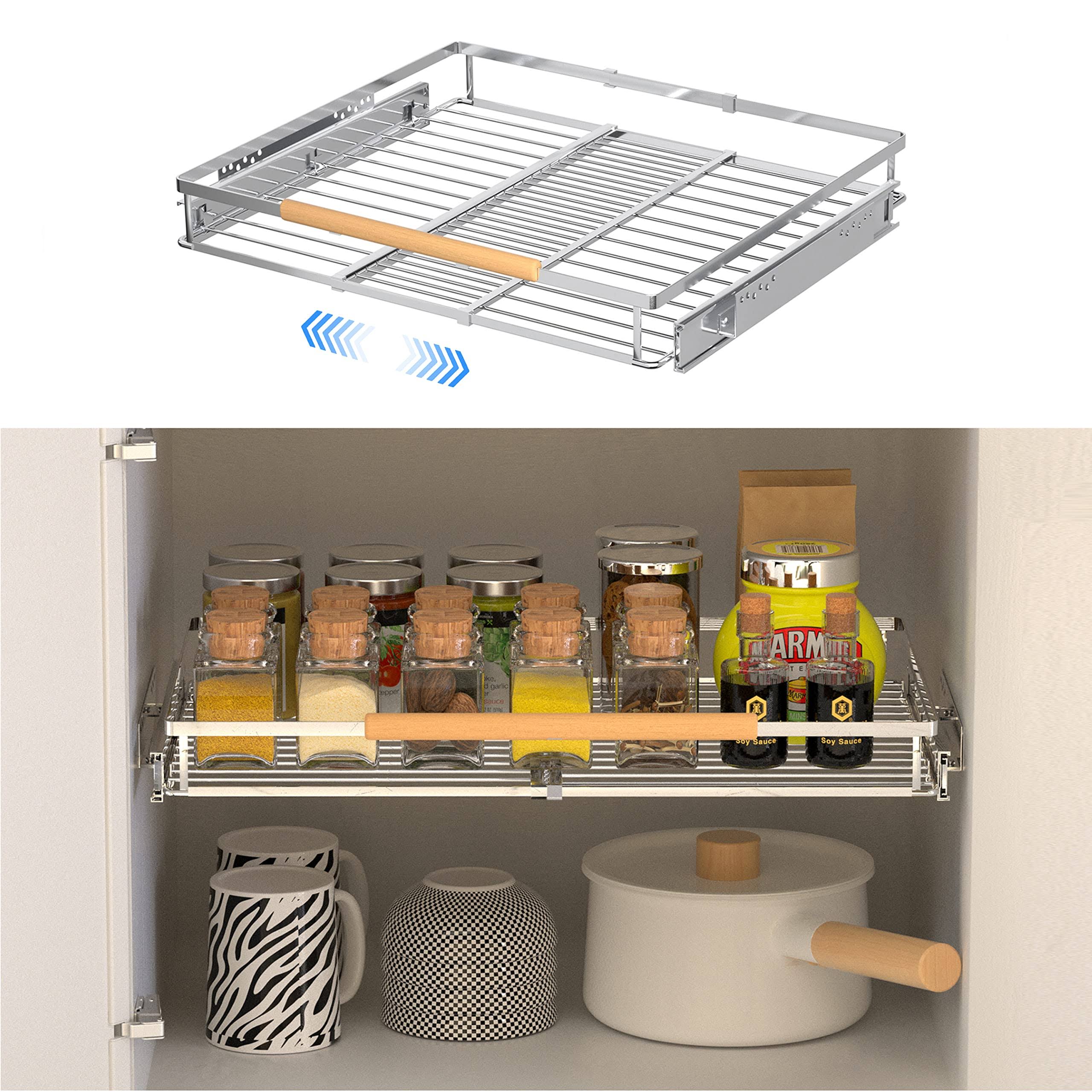 LOCVCDA Pull Out Cabinet Organizer, Expandable Pull Out Shelves for Kitchen Cabinets, Heavy Duty Slide Out Pantry Shelves Sliding She