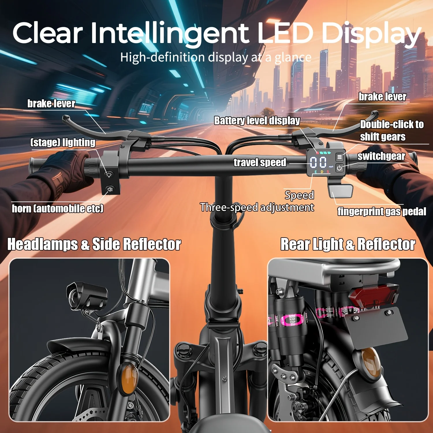 1200W Peak Motor,Folding Electric Bike for Adults Teens,14'' Commuting Bike, Max 28MPH/35 Miles E Bike,3 Speed Double Mini Electric Bike, UL2849(48V 15Ah) Image 5