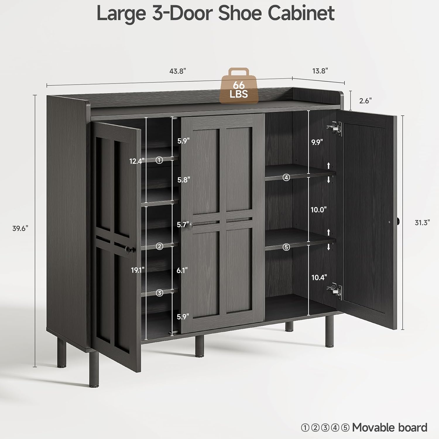 ONBRILL Shoe Cabinet with 3 Doors and Adjustable Shelves, 30 Pairs Shoe Storage Cabinet, 40 Inch Tall Farmhouse Shoe Rack Shoe Organizer Cabinet for Entryway Living Room Closet, Black