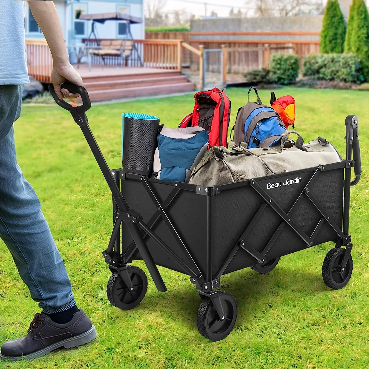 BEAU JARDIN Collapsible Folding Wagon Utility Beach Wagon Cart Foldable Heavy Duty All Terrain Camping Grocery Push Wagon for Sports Garden Shopping Black