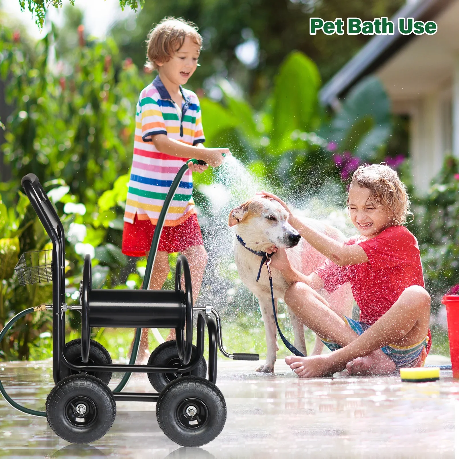 Ktaxon Garden hose cart Iron Four-Wheel Pipe Truck Dark Green