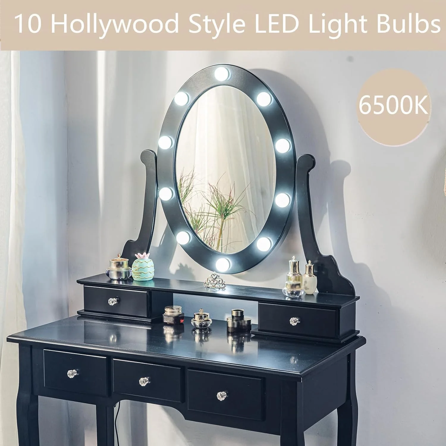 Vanity Desk,Makeup Vanity,with Mirror and Lights,Vanity Desk with Mirror and Lights, Wood Makeup Dressing Table Stool with Oval Mirror 3 Colors Lighting Modes Modern,Black - Image 4
