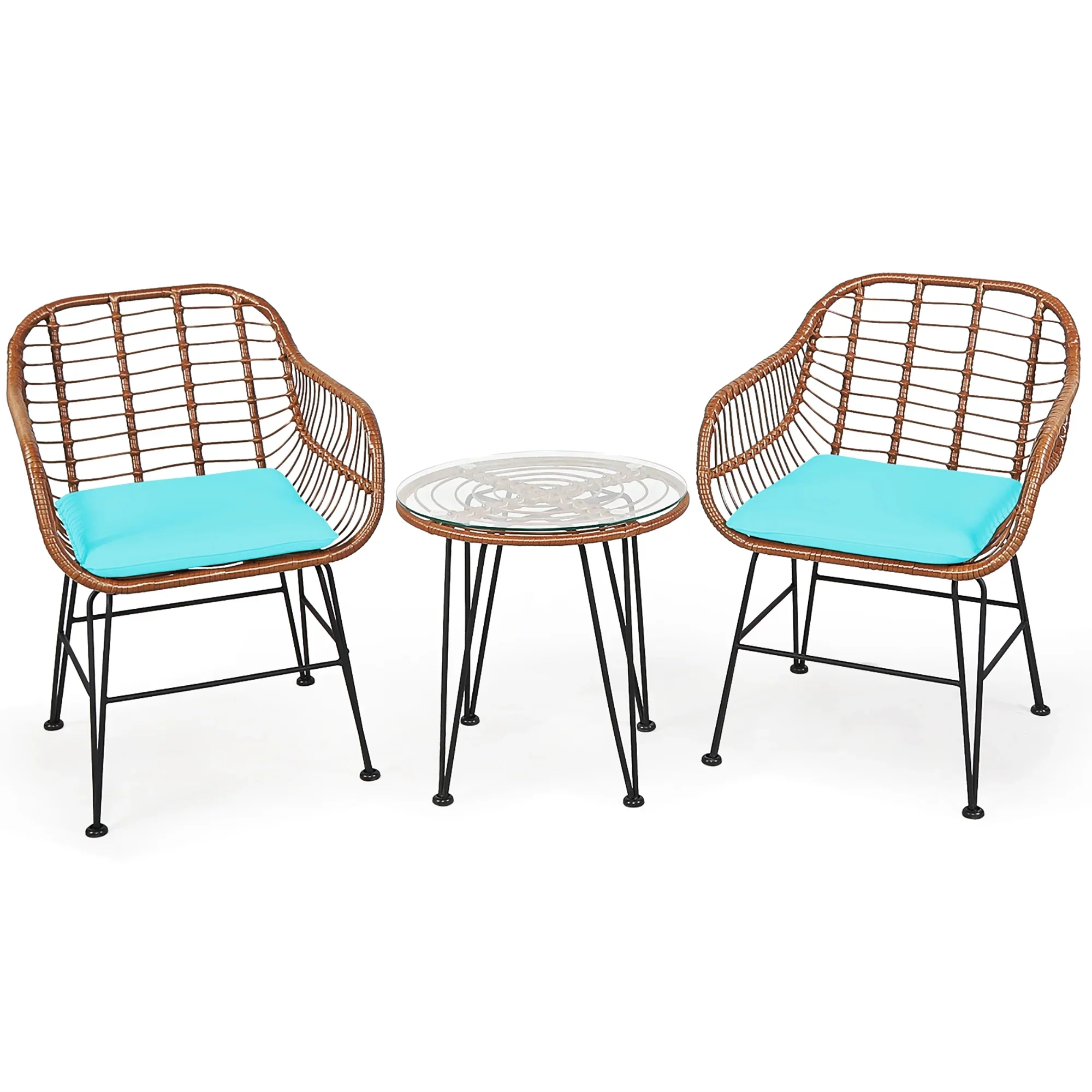 Costway 3PCS Patio Rattan Bistro Set Coffee Table Armchair Garden Red Cushion