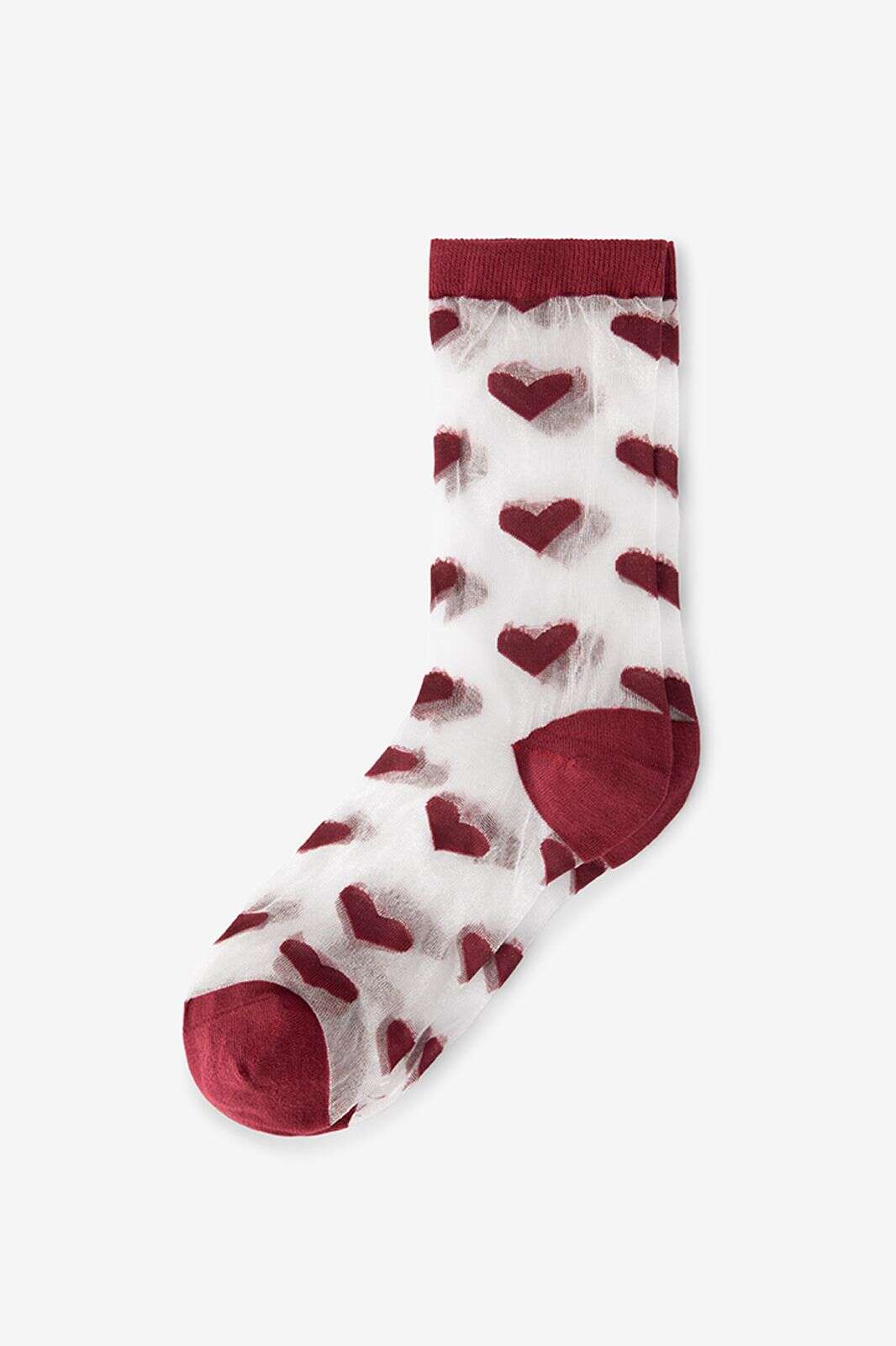 Donkerrode transparante sokken met hartjes