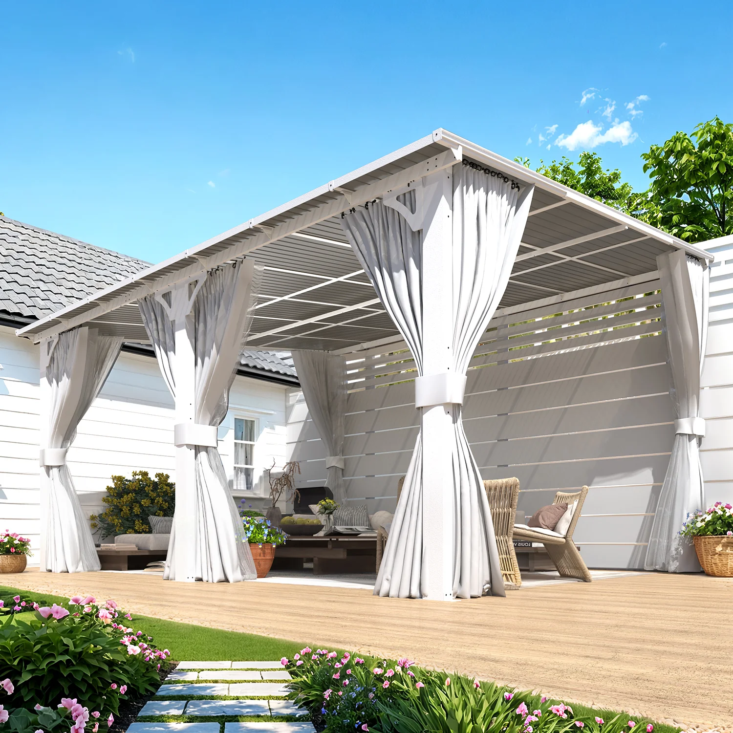 AECOJOY 14'x12' Wall Gazebo with Curtains and Mosquito Netting, White