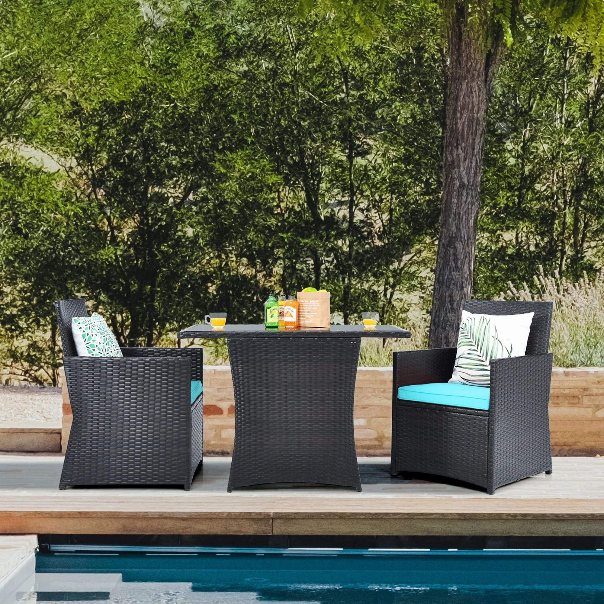 Gymax 3PCS Patio Wicker Bistro Set PE Rattan Dining Table Set W/ Turquoise Cushions