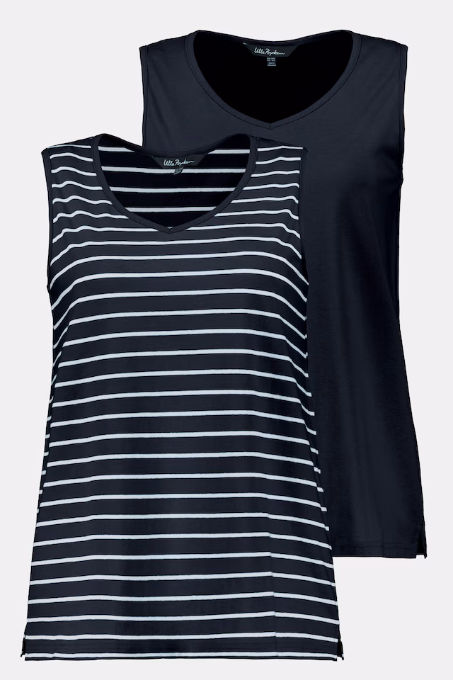 2 Pack of V-Neck Cotton Knit Tanks - Stripe, Solid