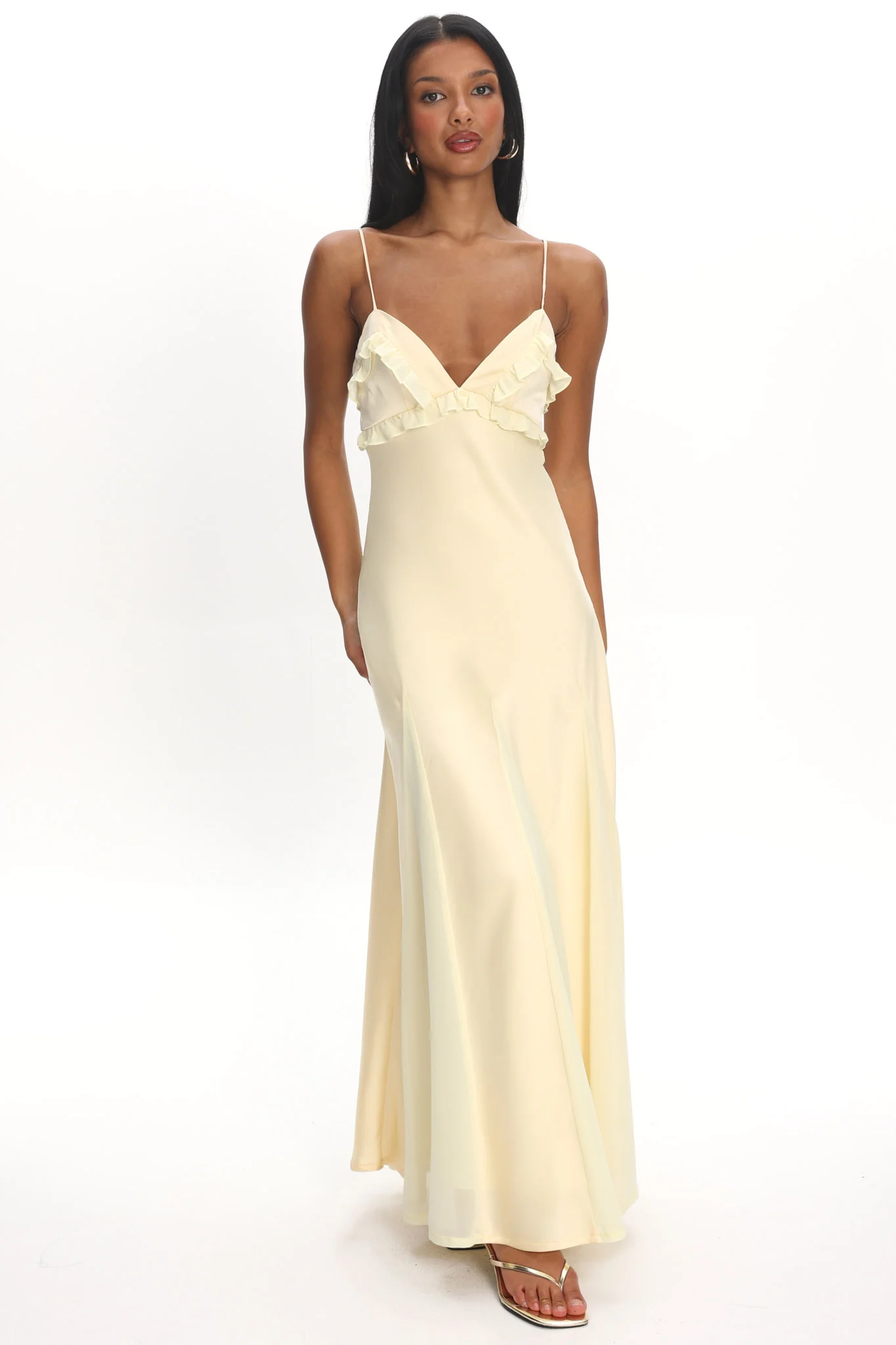 Caryn Frill Trim Godet Maxi Dress Yellow