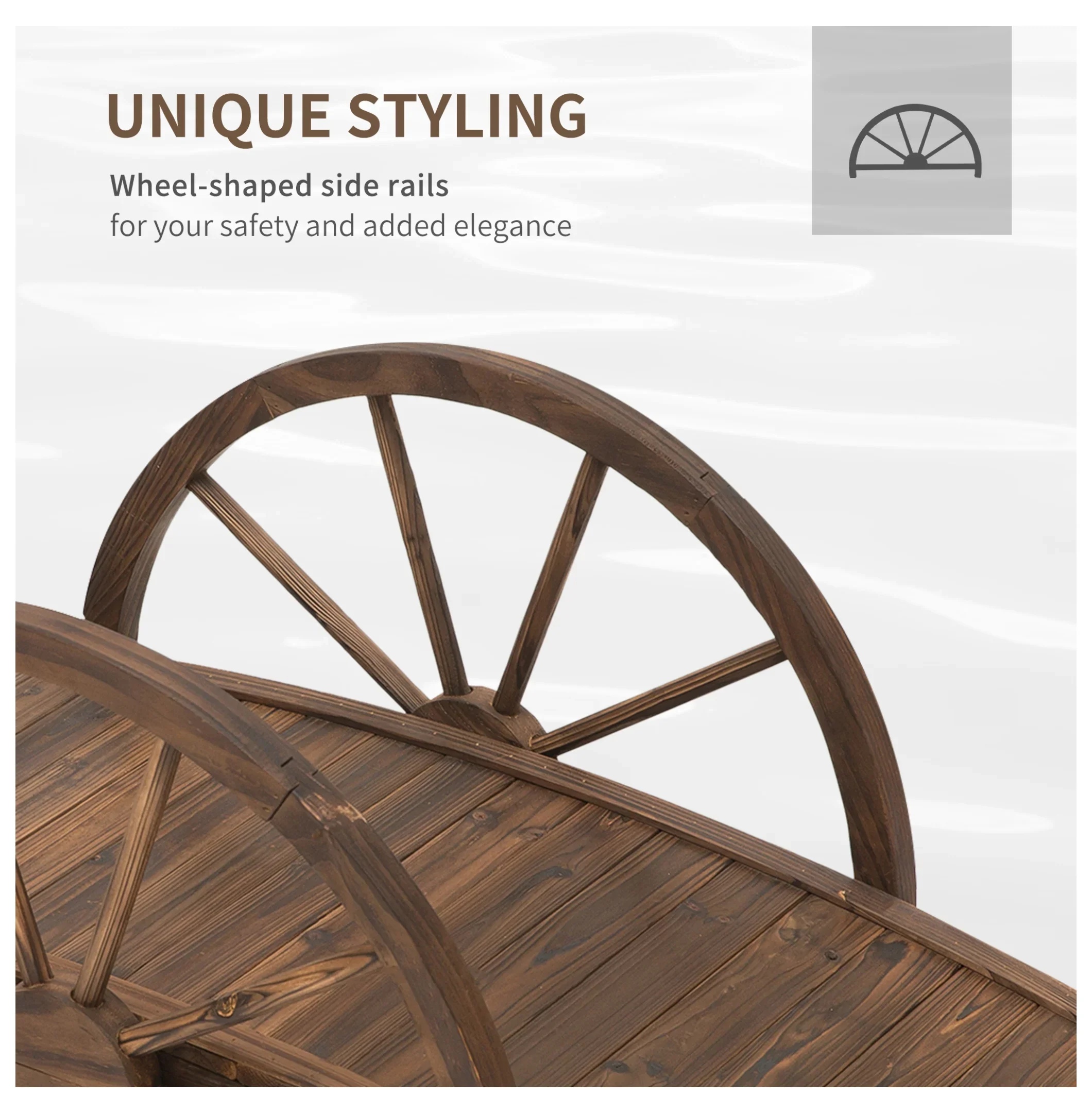 3.3ft Wooden Garden Bridge Arc Footbridge with Half-Wheel Style Railings & Solid Fir Construction, Stained Wood Brown + Wood