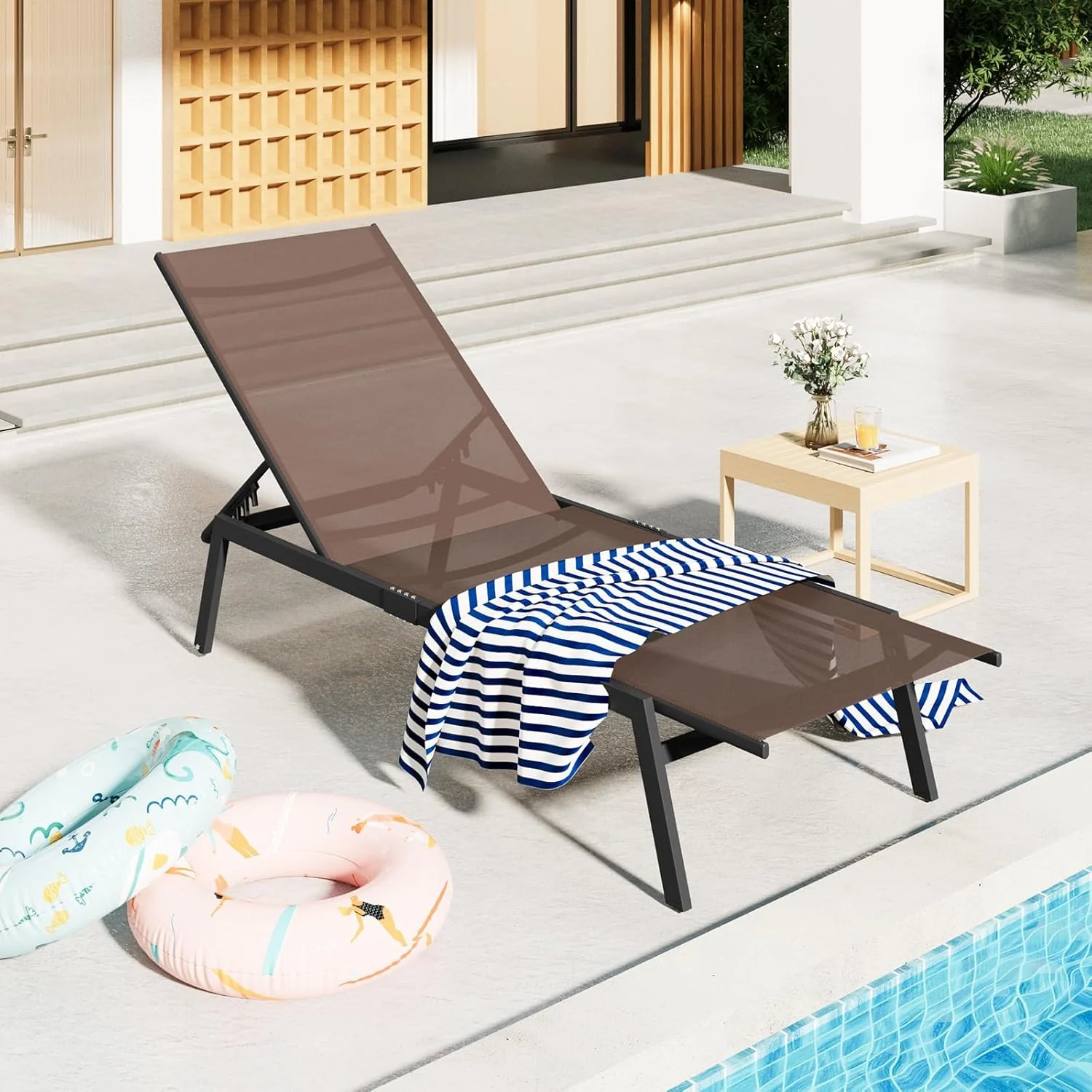 AECOJOY Patio Lounge Chairs, Outdoor Chaise Lounge with Wheels, Brown, 4PCS