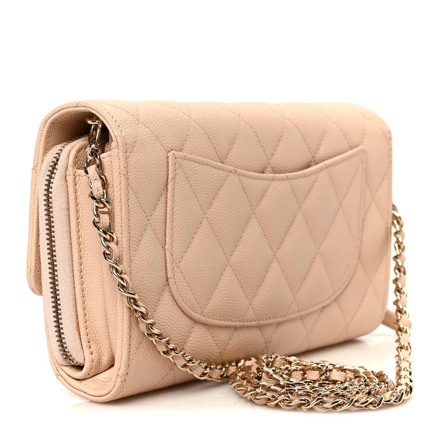 Caviar Quilted Phone Holder Wallet on Removable Chain Light Beige