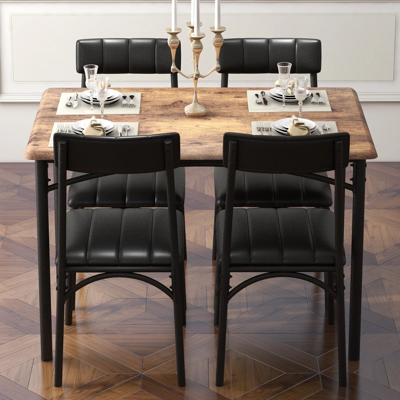 5 Piece Dining Table and Chairs Set, Wood Rectangular Dining Table with 4 Upholstered Chairs(Brown) Image 3