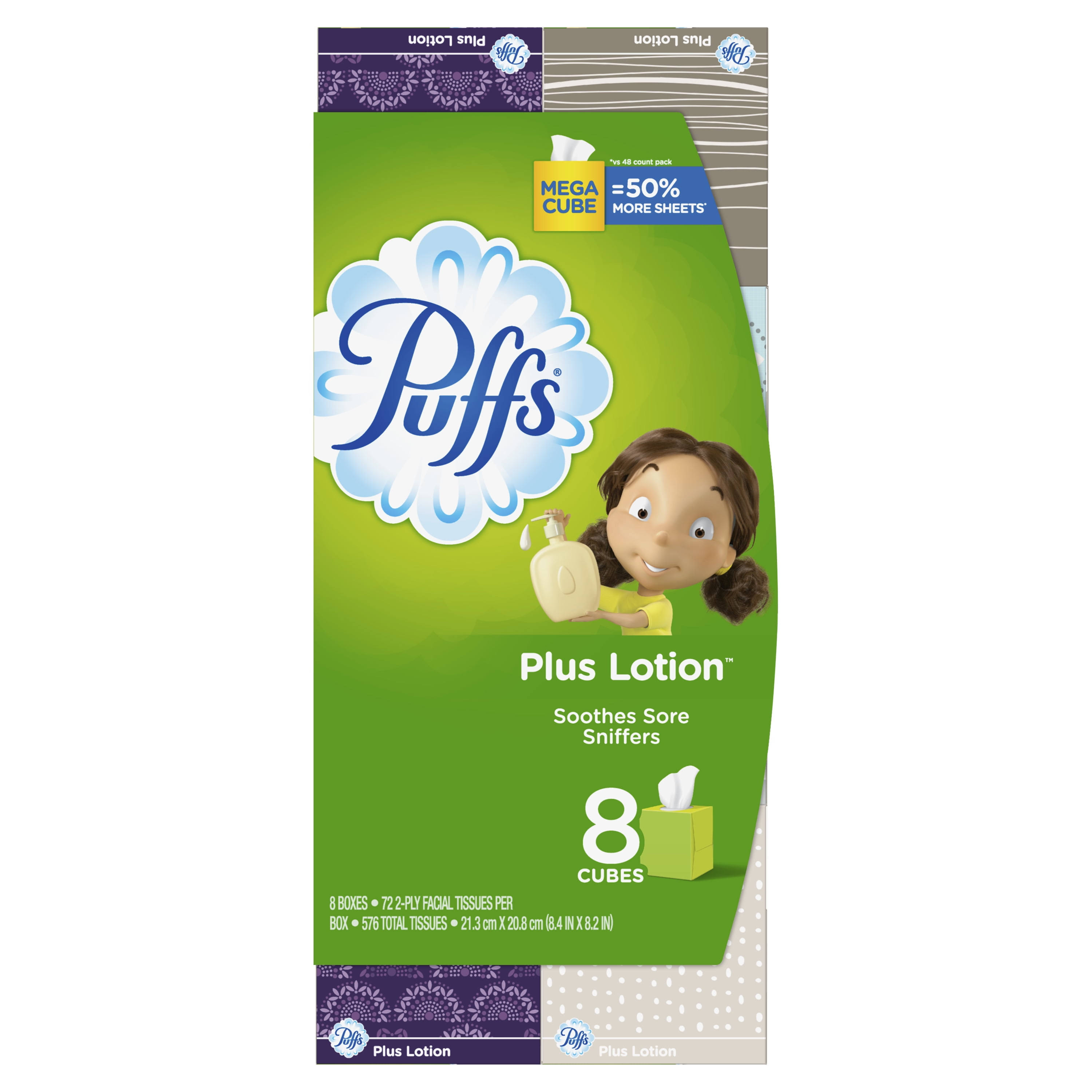Puffs Plus Lotion Facial Tissue, 8 Mega Cubes, 72 Facial Tissues per Cube