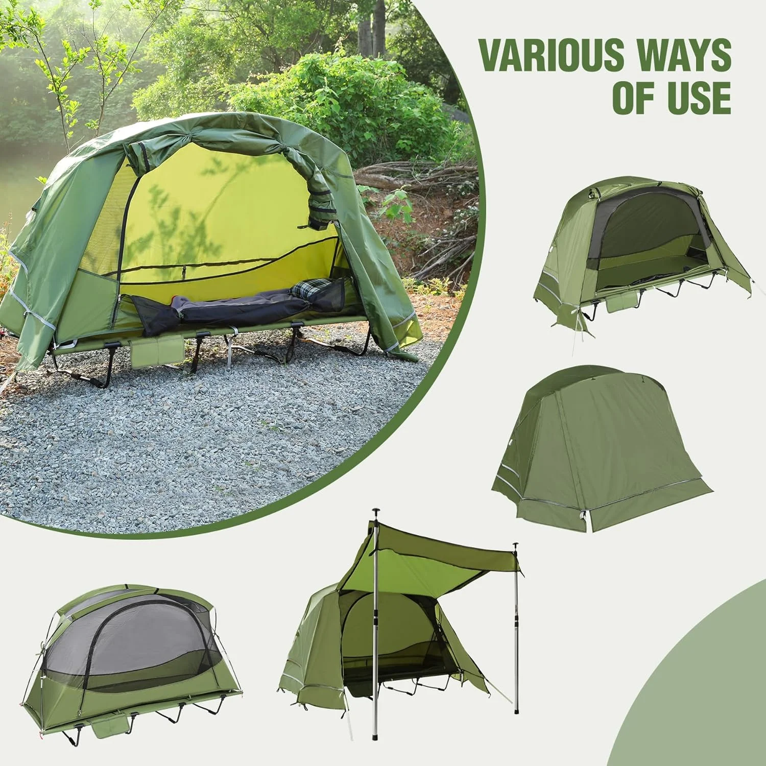 1 Person Camping Cot Tent for Adults, Waterproof Elevated Tent with Cot for Trip, Picnic, 75"x28"x48", Army Green - Image 9