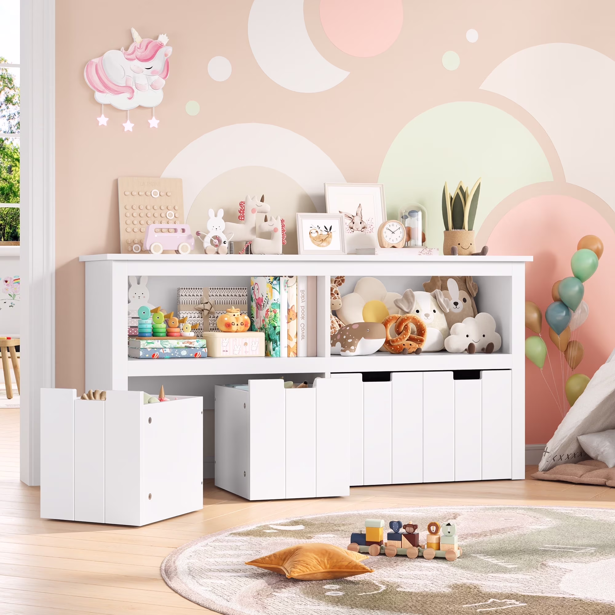 Kids Toy Storage with 4 Drawers, Cubes Storage Bin with Shelves and Wheels for Kids Living Room, White(White)