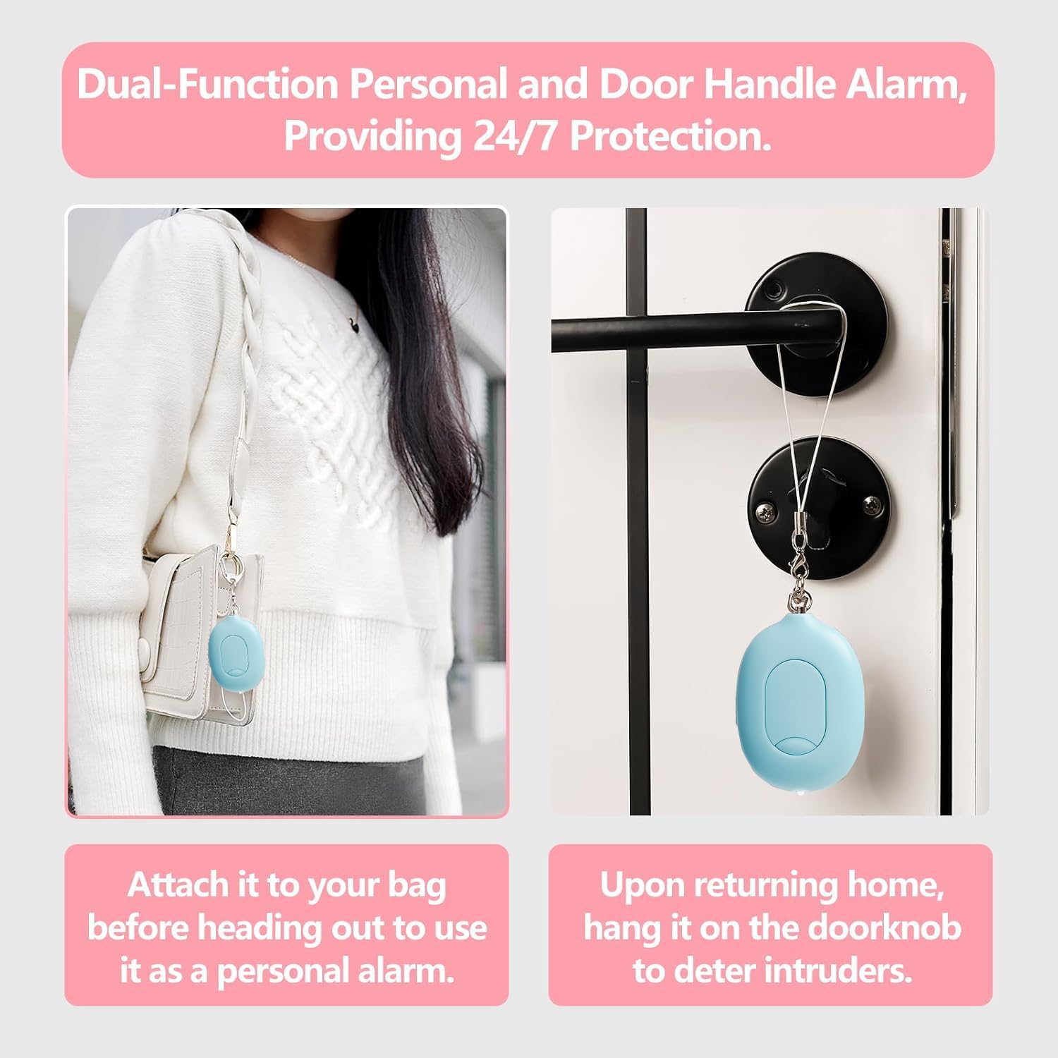 Door Stop Alarm,Door Alarm When Opened Travel,130DB Extra alarming with LED Flashlight & Pepper Gel Combo Set for Women self Defense,USB rechargeble mini Keychain (Blue & Purple)