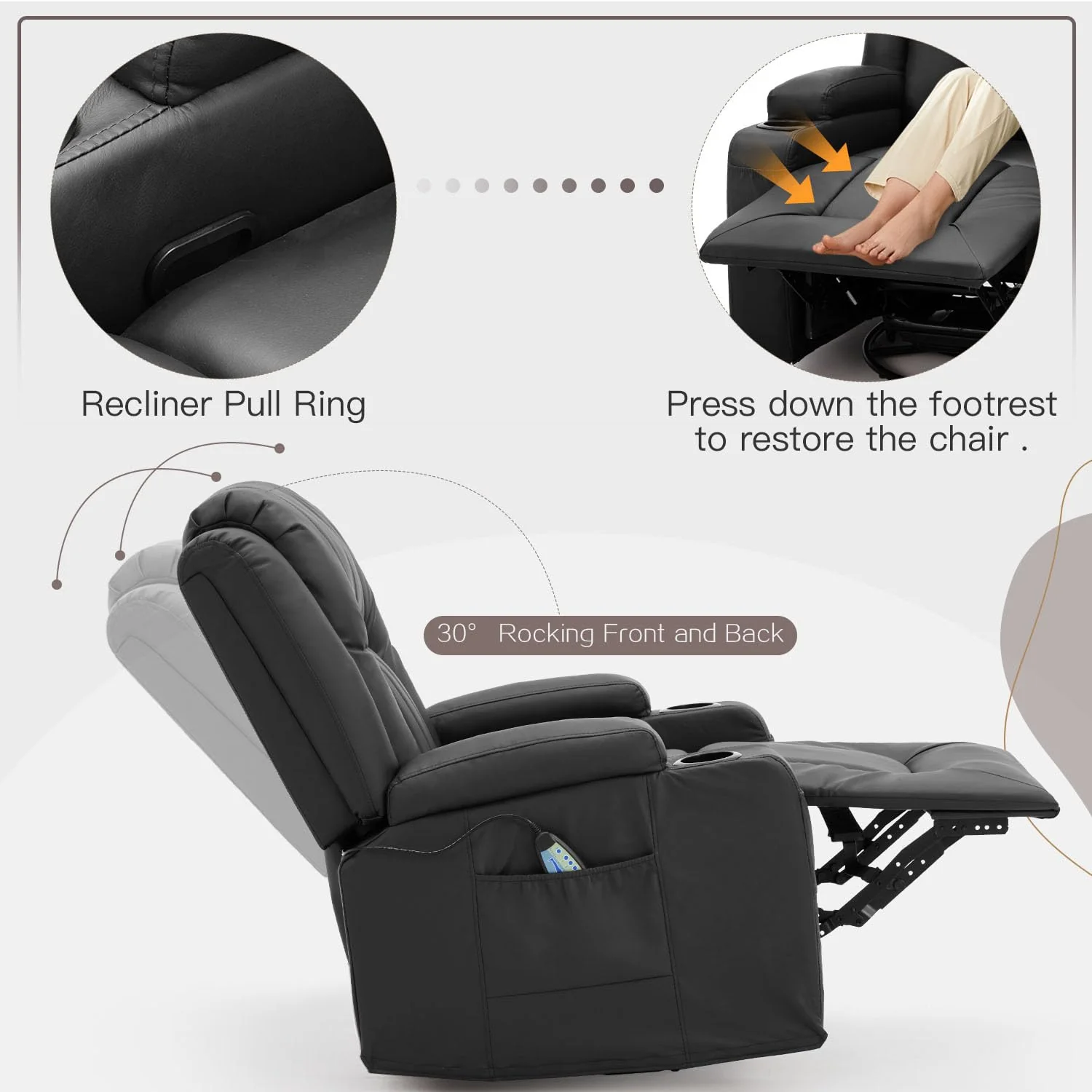 AECOJOY Massage Recliner Manual Chair with Heating & 360° Swivel Rocking Function, Black