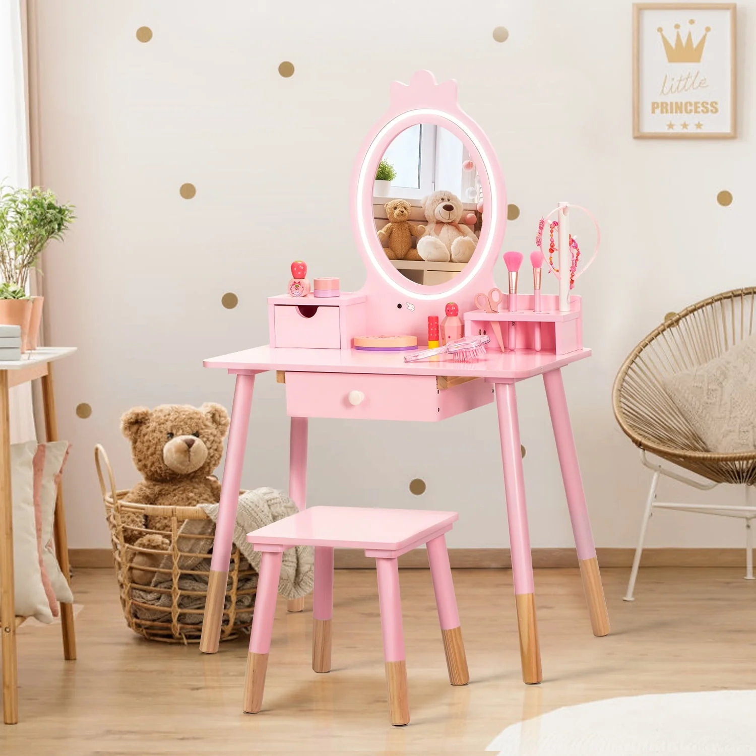 Kids Vanity Set with Mirror, Wooden Make Up Beautynbsp;Dressing Table with Lights Stool Jewelry Rack Storage Board, Children Princess Vanity Table Pretend Playset for Girls
