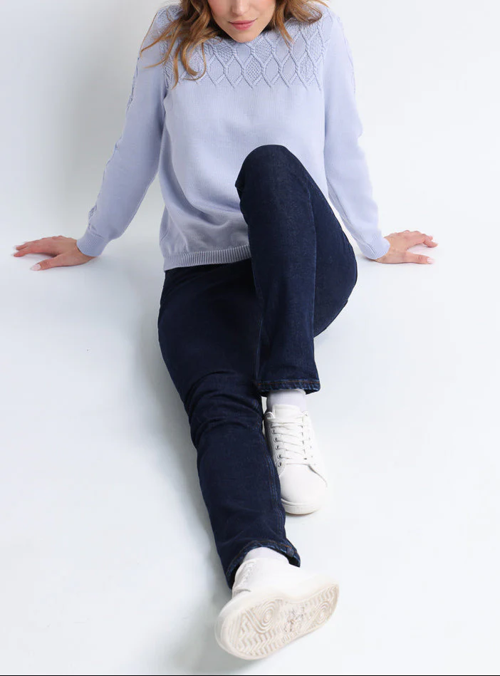 Pull femme laine mérinos torsades bleu