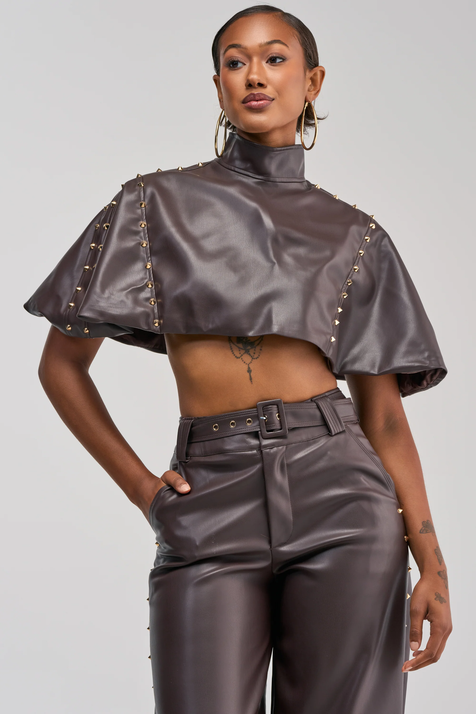 STUDDED FAUX LEATHER CAPE IN DARK CHOCOLATE - Akira Store