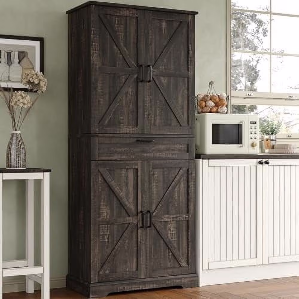 72'' Kitchen Storage Pantry Cabinet, Tall Storage Cabinet with 8 Door Shelves, 2 Cabinets and 1 Drawer, Freestanding Cupboard for Kitchen, Dining Room, Bathroom, Laundry(Dark Rustic Oak)