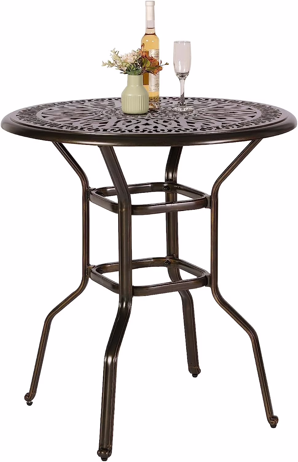 35.2" Patio Height Bar Table, All-Weather Cast Aluminum Bar Bistro Table Outdoor Patio Round Dining Table with Umbrella Hole for Balcony, Lawn, Garden, Backyard, Antique Bronze(35.2" Patio Height Bar Table)
