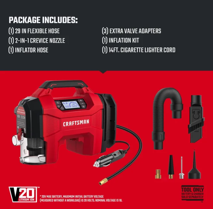 CRAFTSMAN 3 - in - 1 Tire Inflator, 160PSI Portable Air Compressor/Car Vacuum/Dust Blower, 20V Cordless & 12V Car Power, Air Pump with LED Light for Cars Trucks RV Tires (Battery Sold Separately)