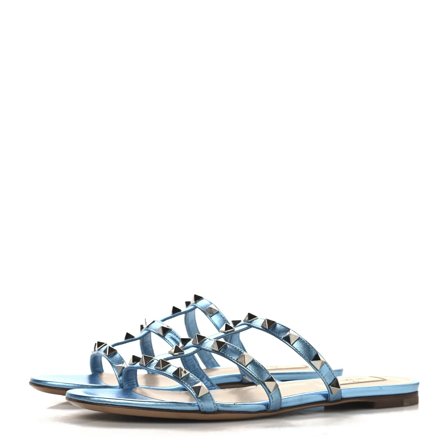 Metallic Nappa Rockstud Caged Flat Slide Sandals 37 Cerulean