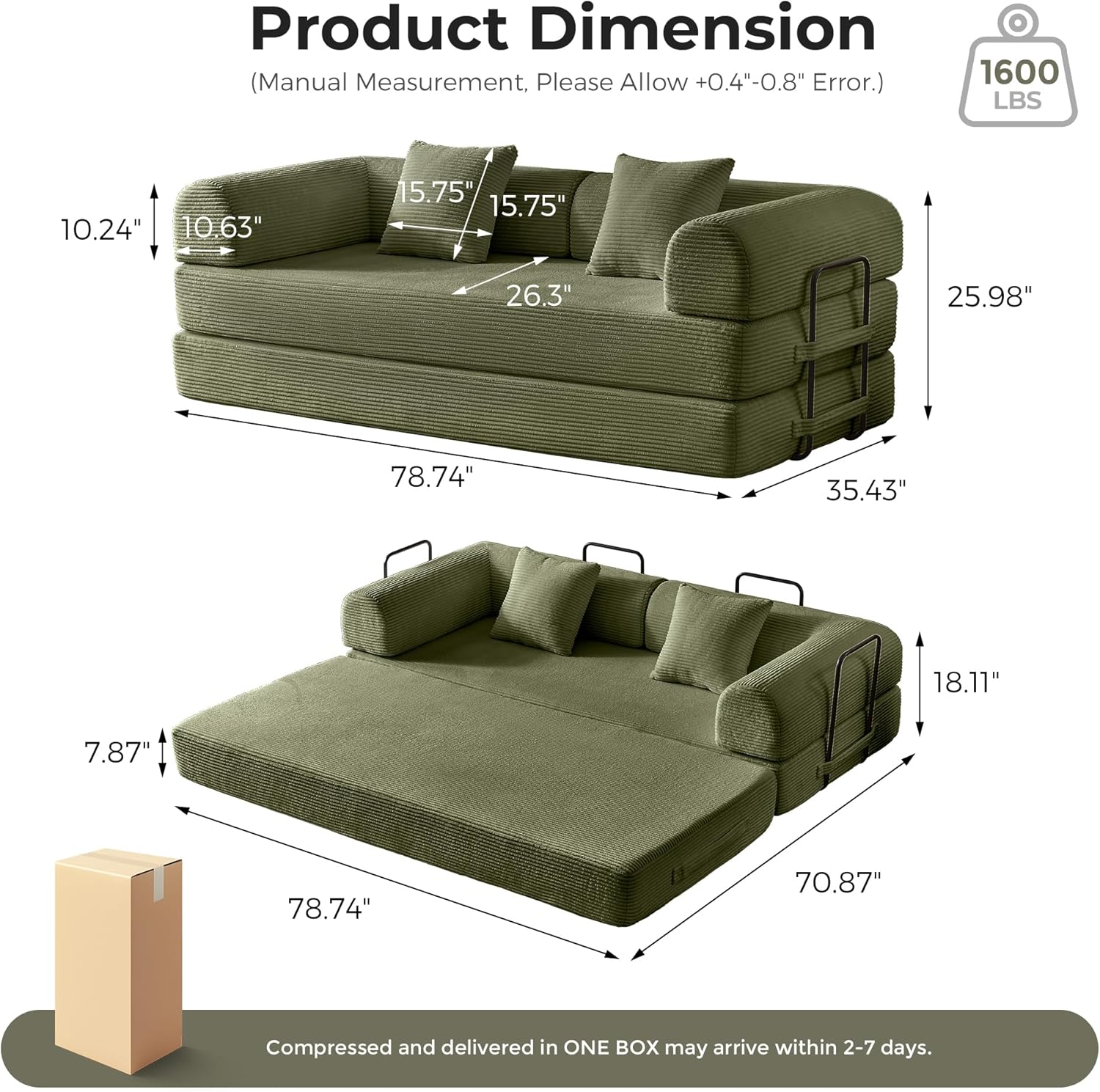 79'' Convertible Sofa Bed, 5-in-1 Folding Corduroy Sleeper Couch with Pull Out Bed, Oversized Modular Floor Sofa, No Assembly, Space-Saving Guest Bed for Apartment Living Room Bedroom (Light Green) | Convertible Sofa Bed