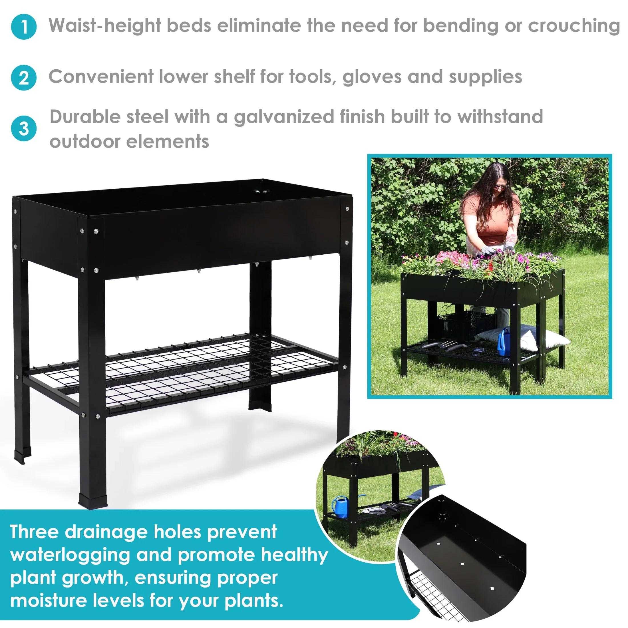 Sunnydaze 35.75 x 16 x 31.75 Black Galvanized Steel Raised Garden Bed, Set of 2