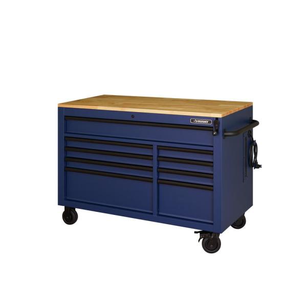 Établi mobile robuste de 132 cm (52 ​​po) à 9 tiroirs avec plateau en bois massif à hauteur réglable, couleur bleu mat