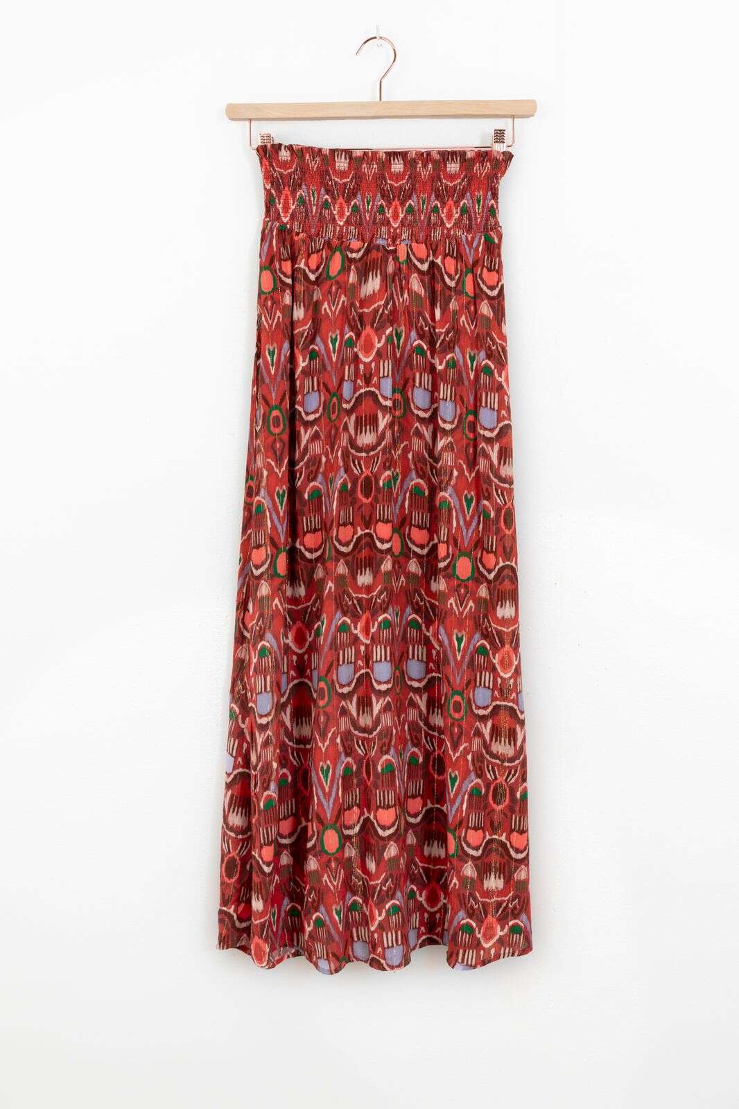 Donkerrode maxi rok met ikat print en splitten