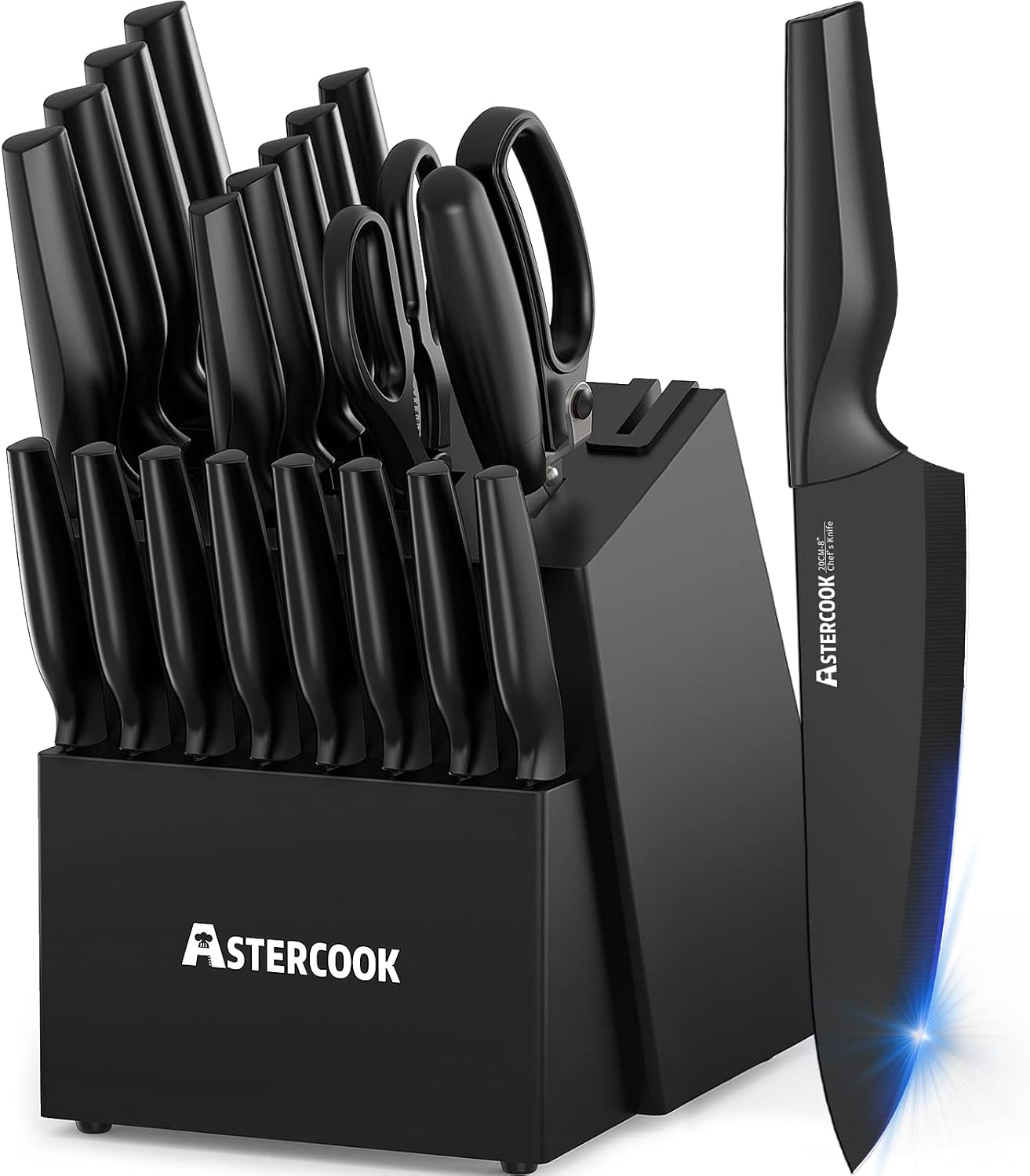 Knife Set, Astercook 21 Pieces Knife Sets for Kitchen with Block, Dishwasher Safe Kitchen Knife Set with Built-in Sharpener, German Stainless Steel Black Knife Block Set, Father's Day Gift for Men
