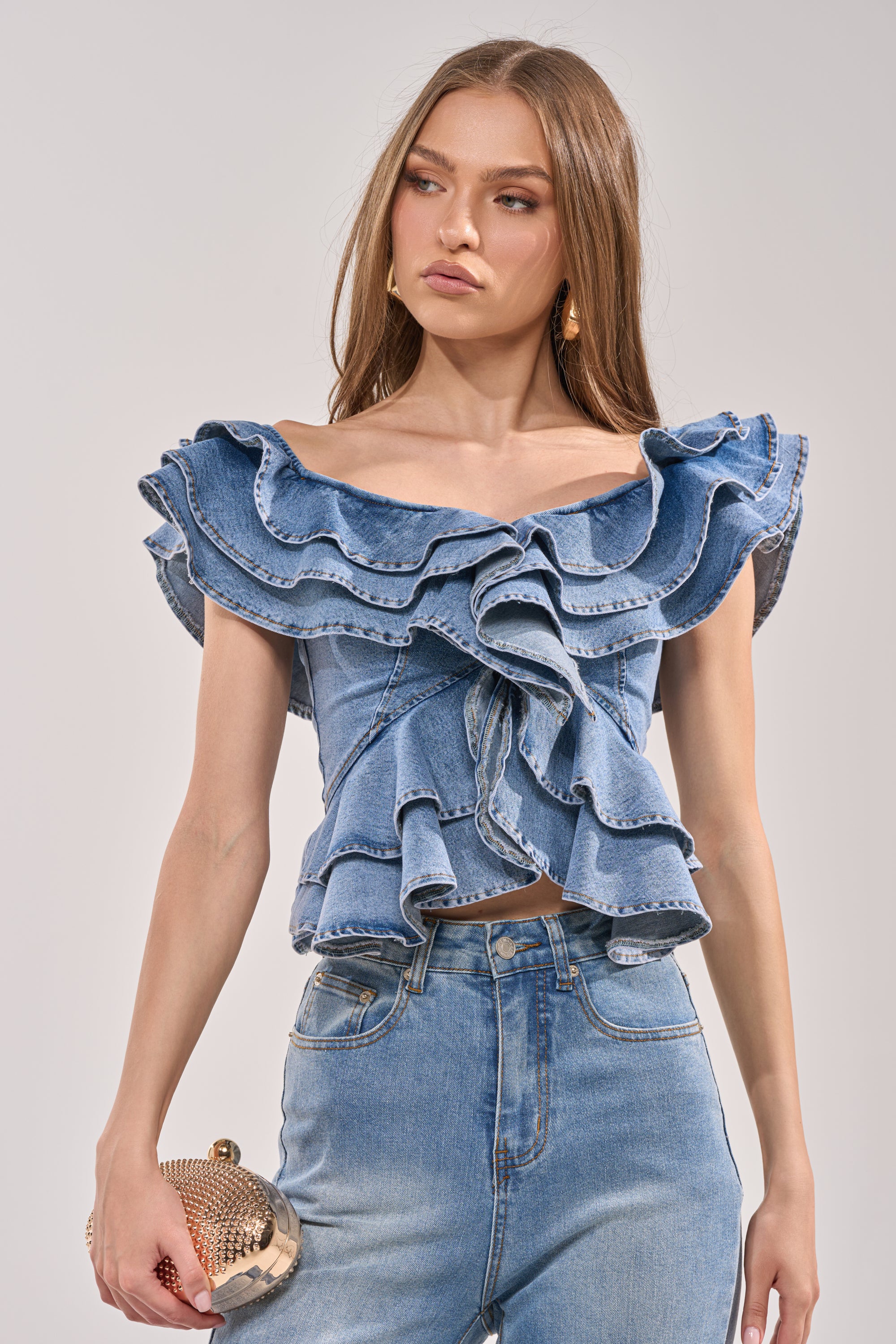 DREAMING BIG DENIM RUFFLE TOP - Akira Store