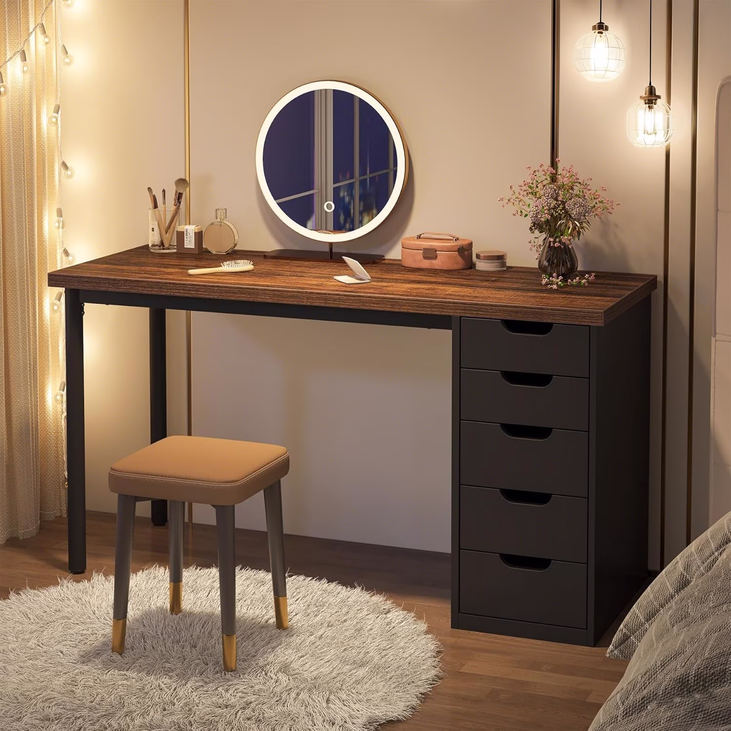 47 inches Vanity Desk with 5 Drawers, Rustic Makeup Dressing Table with Storage, Modern Simple Computer Desk for Women, Girls (Brown)(Brown) - Image 5