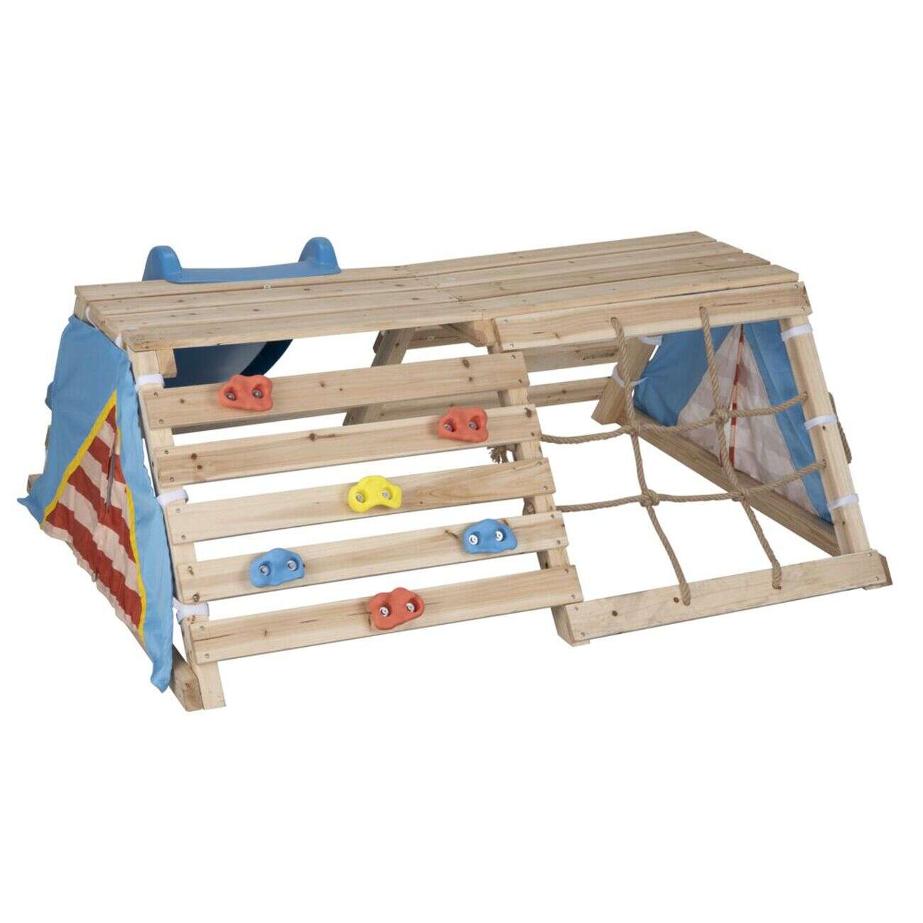 Structure enfant bois toboggan tipi escalade filet et cale-pieds 180x145,5xH60cm