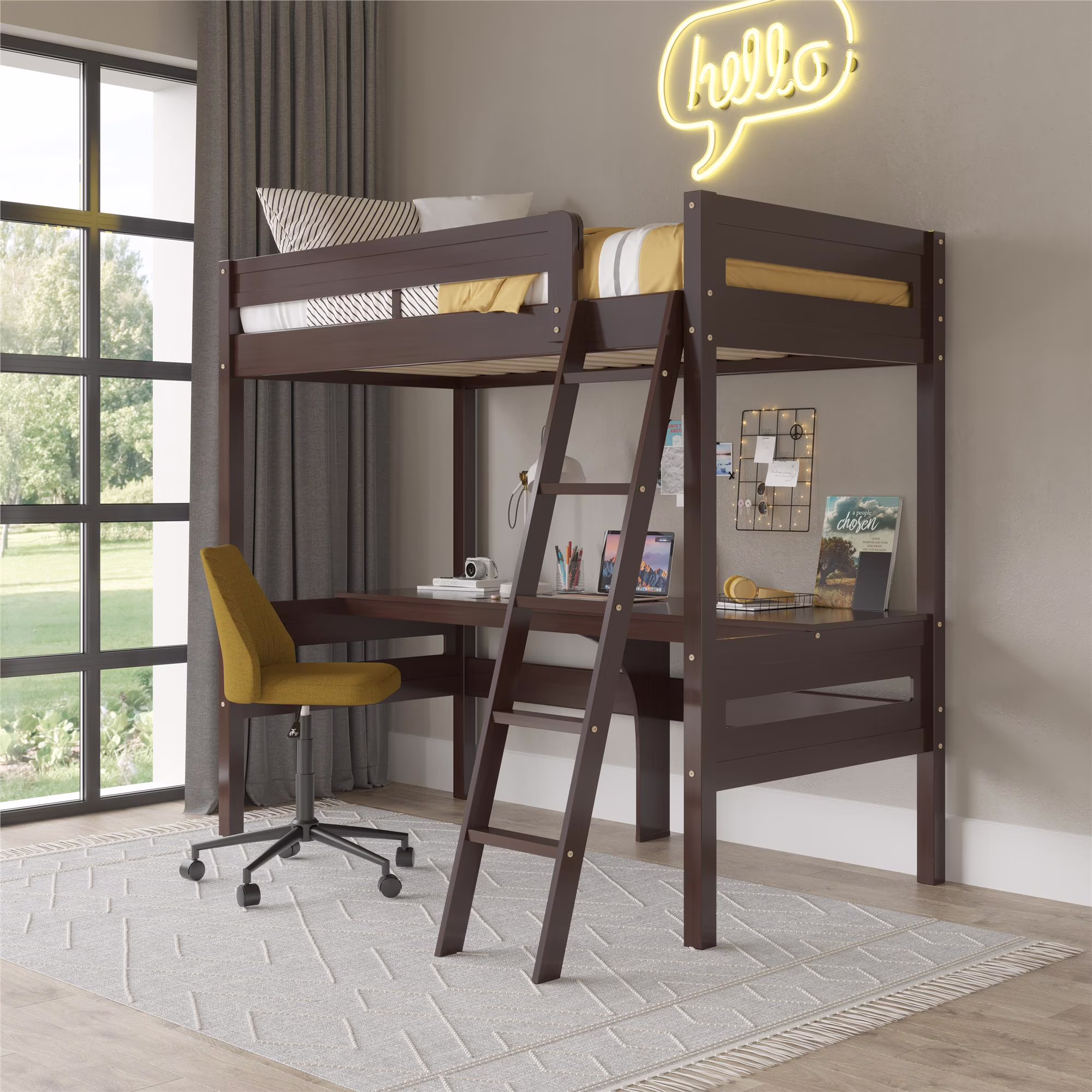Harlan Twin Size Loft Bed with Desk and Ladder, Espresso(Espresso)
