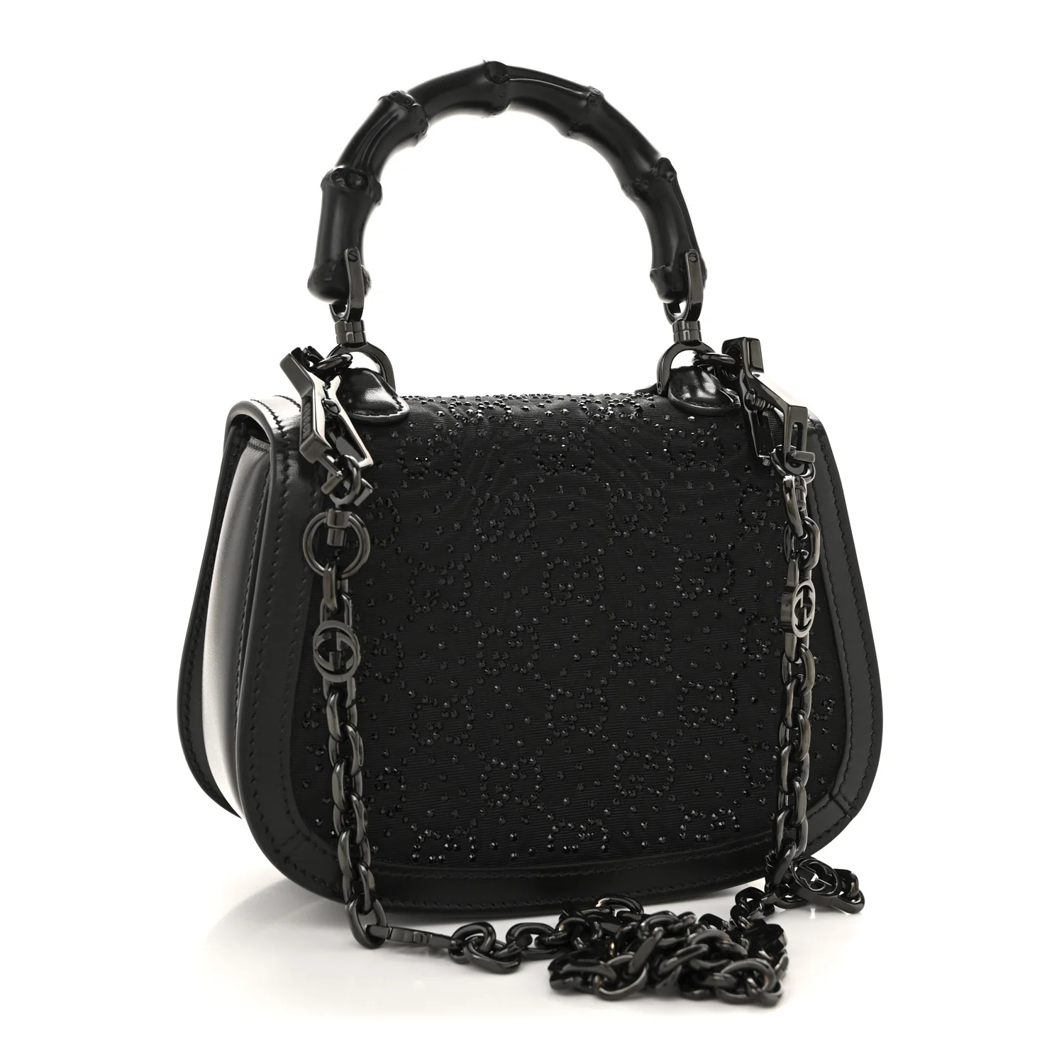 Moire Fabric Calfskin Rhinestone Monogram Monochrome Mini Bamboo 1947 Top Handle Chain Bag Black