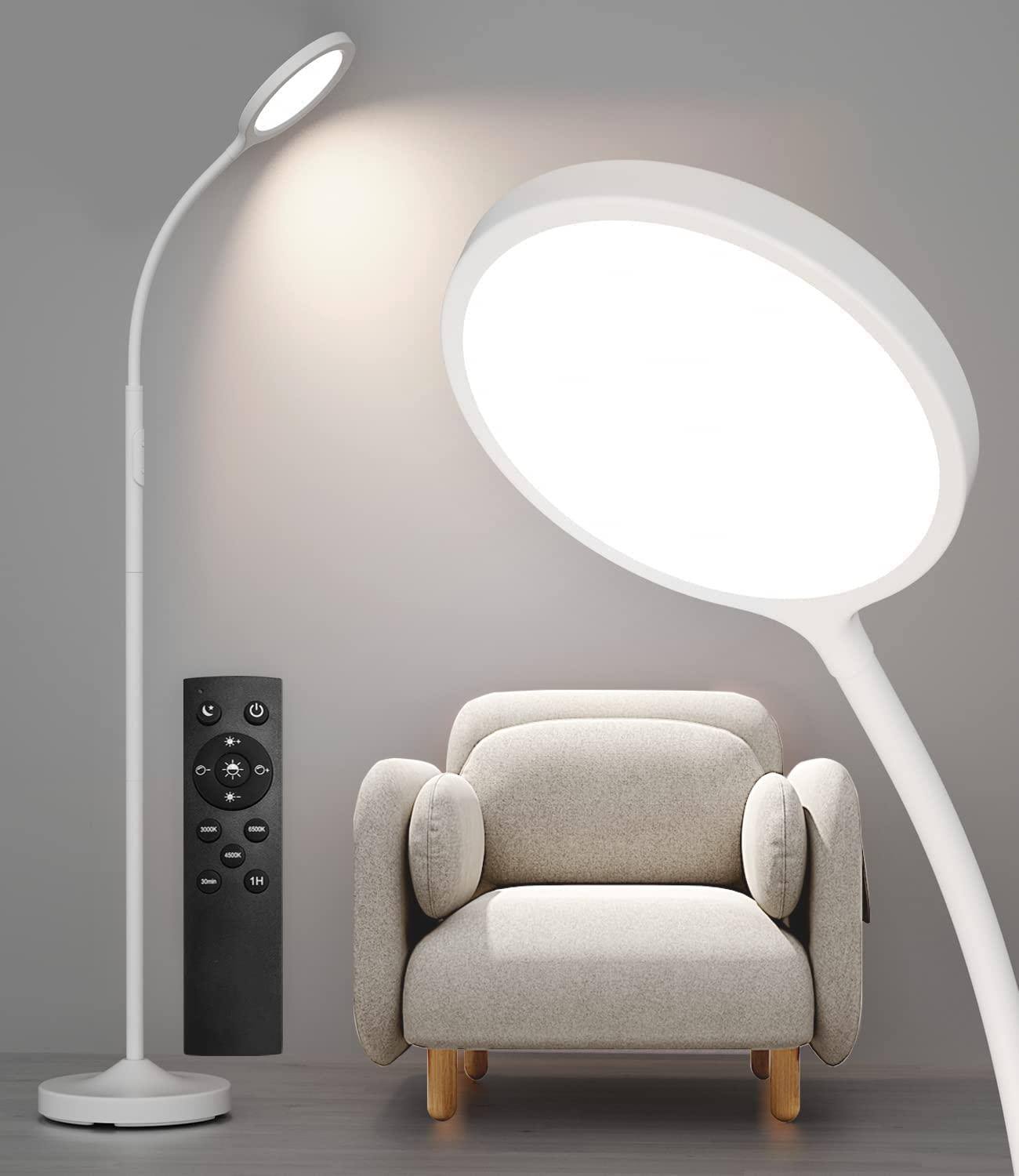 luckystyle White Floor Lamp, Super Bright Dimmable LED Floor Lamps for Living Room, Custom Color Temperature Standing Lamp with Remote Push Button, Ad
