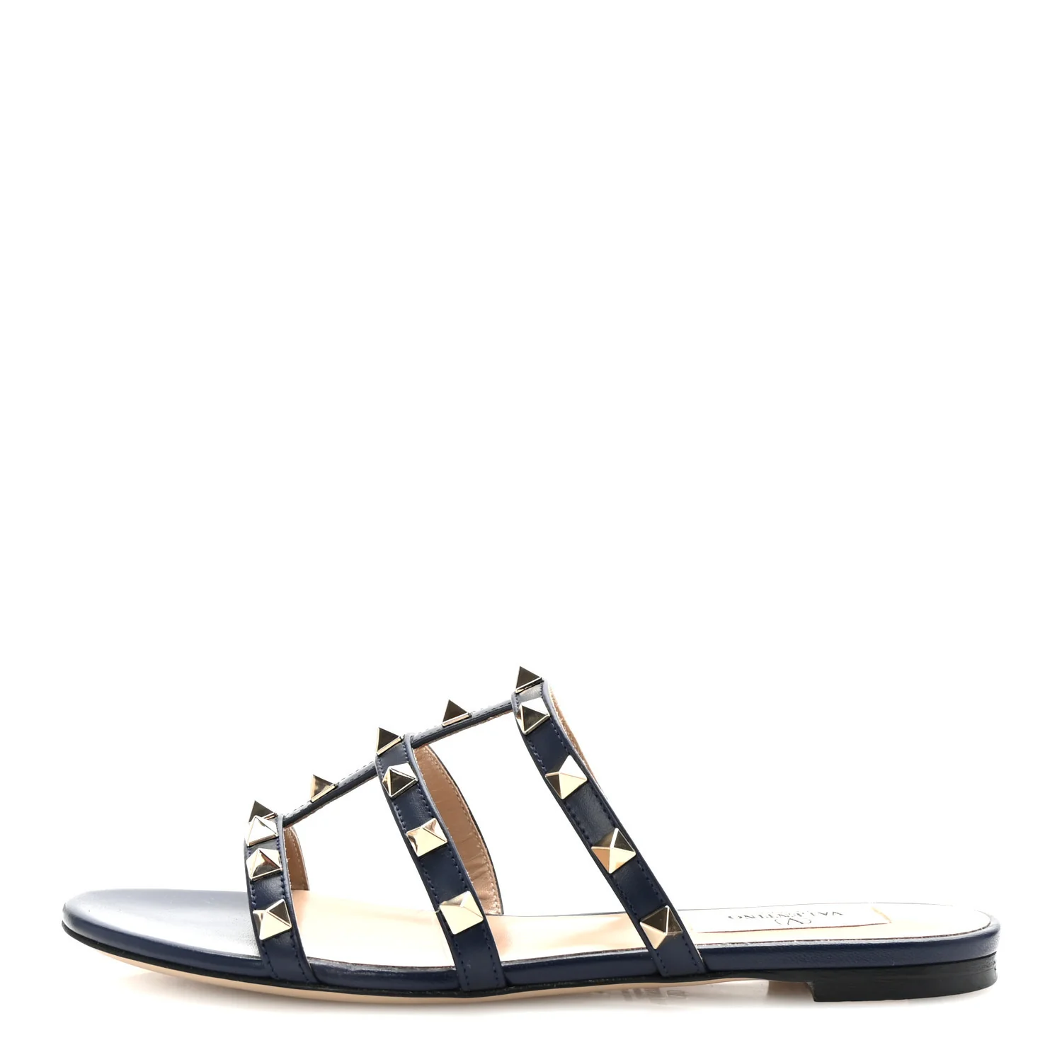 Nappa Rockstud Caged Flat Slide Sandals 35 Marine