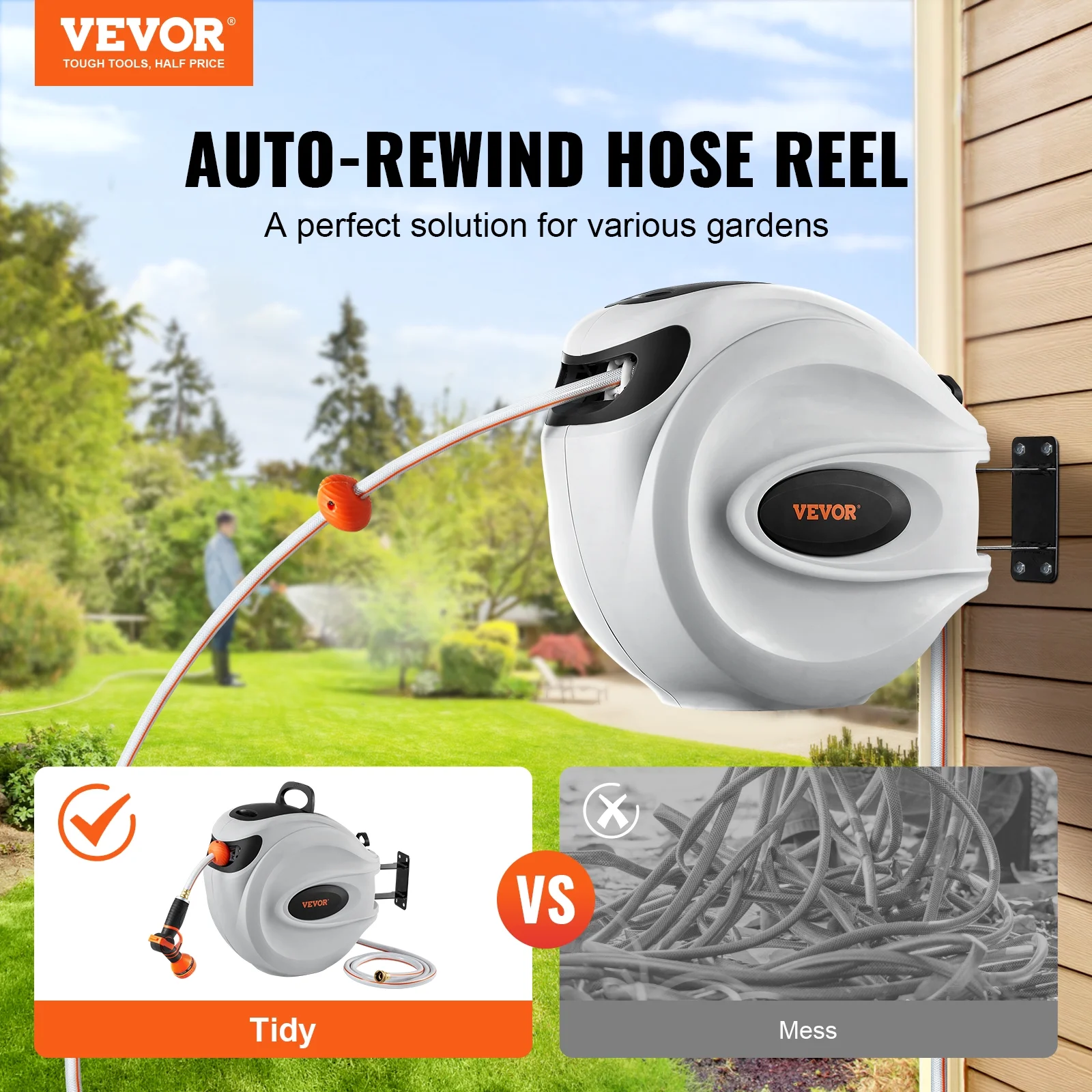 VEVOR Retractable Hose Reel, 84 Ft x 5/8 in, 180 Swivel Bracket Wall - Mounted, Garden Water Hose Reel with 9 - Pattern Nozzle, Automatic Rewind, Lock at Any Length, and Slow Return System