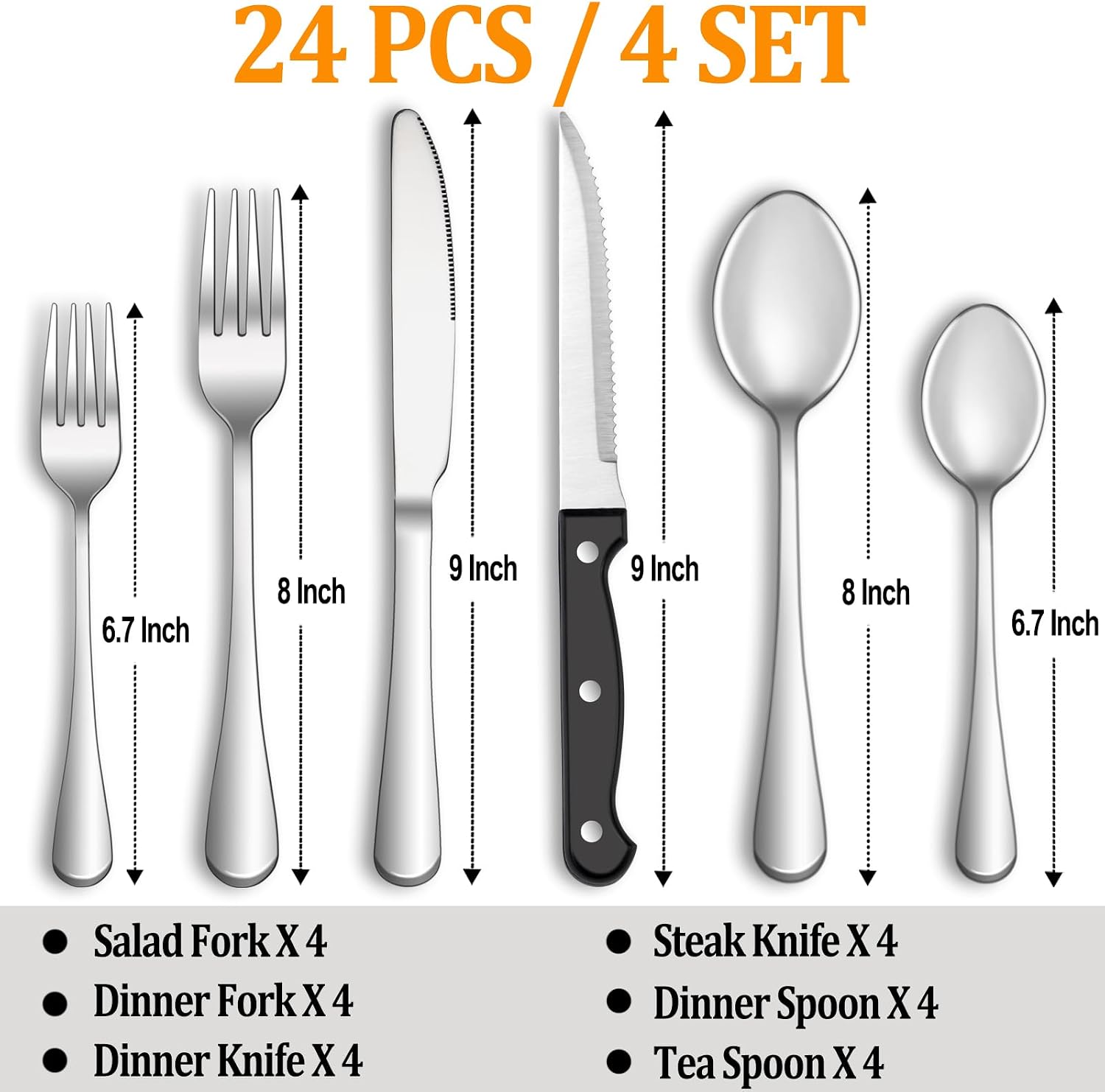 24 Pcs Silverware Set with Steak Knives for 4, Stainless Steel Flatware Set, Mirror Polished Cutlery Utensil Sets, Home Kitchen Dining Tableware, Dishwasher Safe