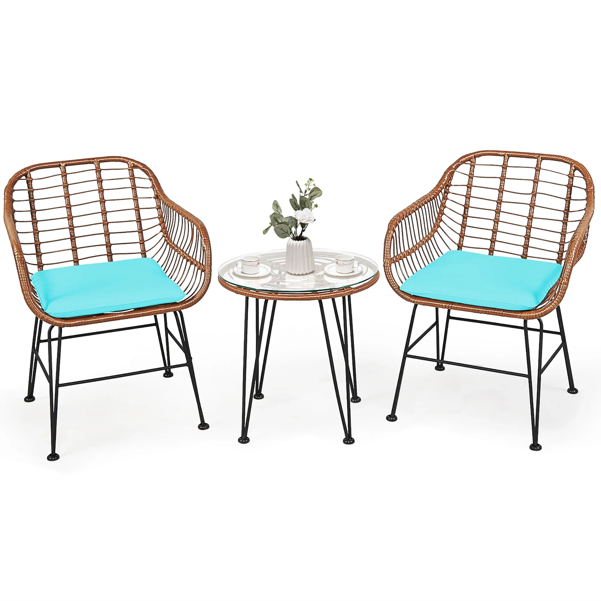 Costway 3PCS Patio Rattan Bistro Set Coffee Table Armchair Garden Red Cushion